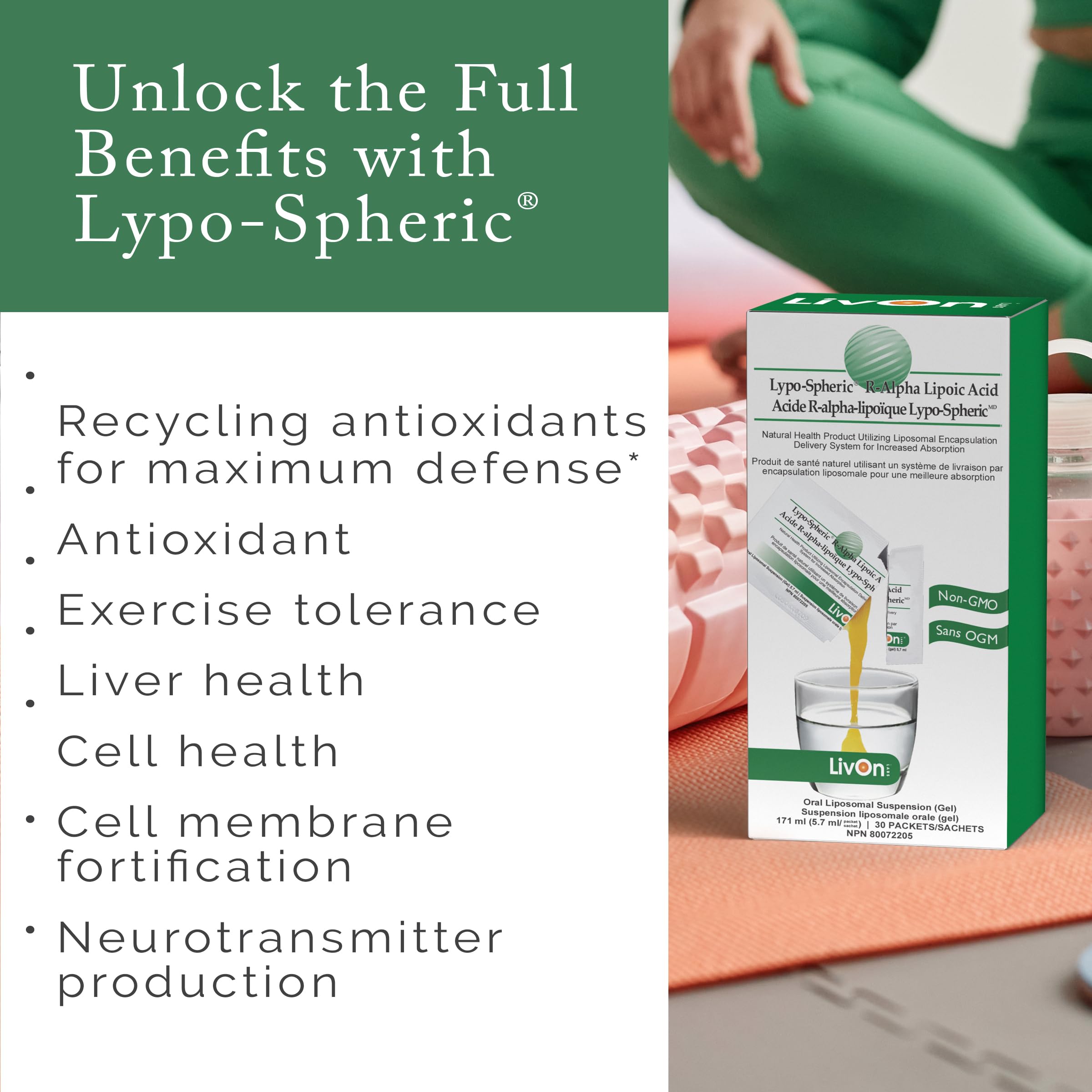 LivOn Lypo-Spheric R-Alpha Lipoic Acid – 30 Packets | 226mg Each | Liposome-Encapsulated, Vegan, Non-GMO