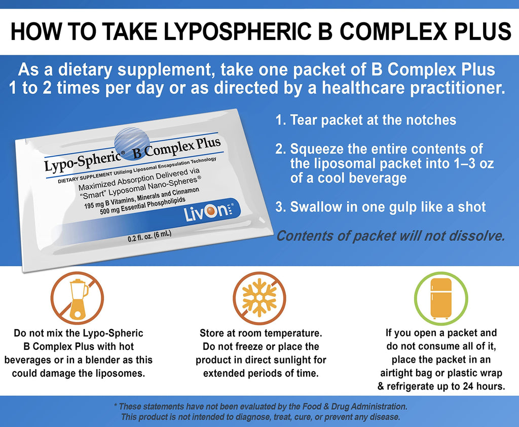 LivOn Laboratories Lypo-Spheric B Complex Plus – 2 Pack (30 Packets) – 195 mg B Vitamins, Cinnamon | Liposome-Encapsulated for Maximum Bioavailability