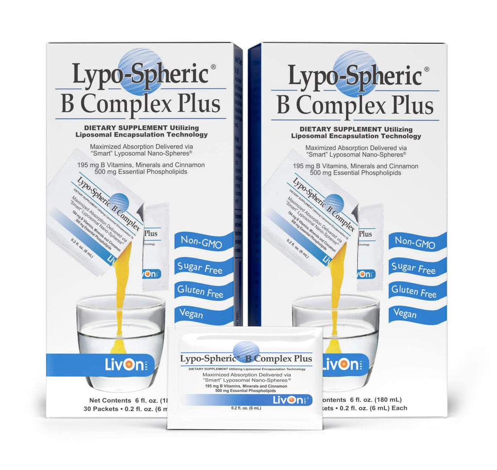 LivOn Laboratories Lypo-Spheric B Complex Plus – 2 Pack (30 Packets) – 195 mg B Vitamins, Cinnamon | Liposome-Encapsulated for Maximum Bioavailability