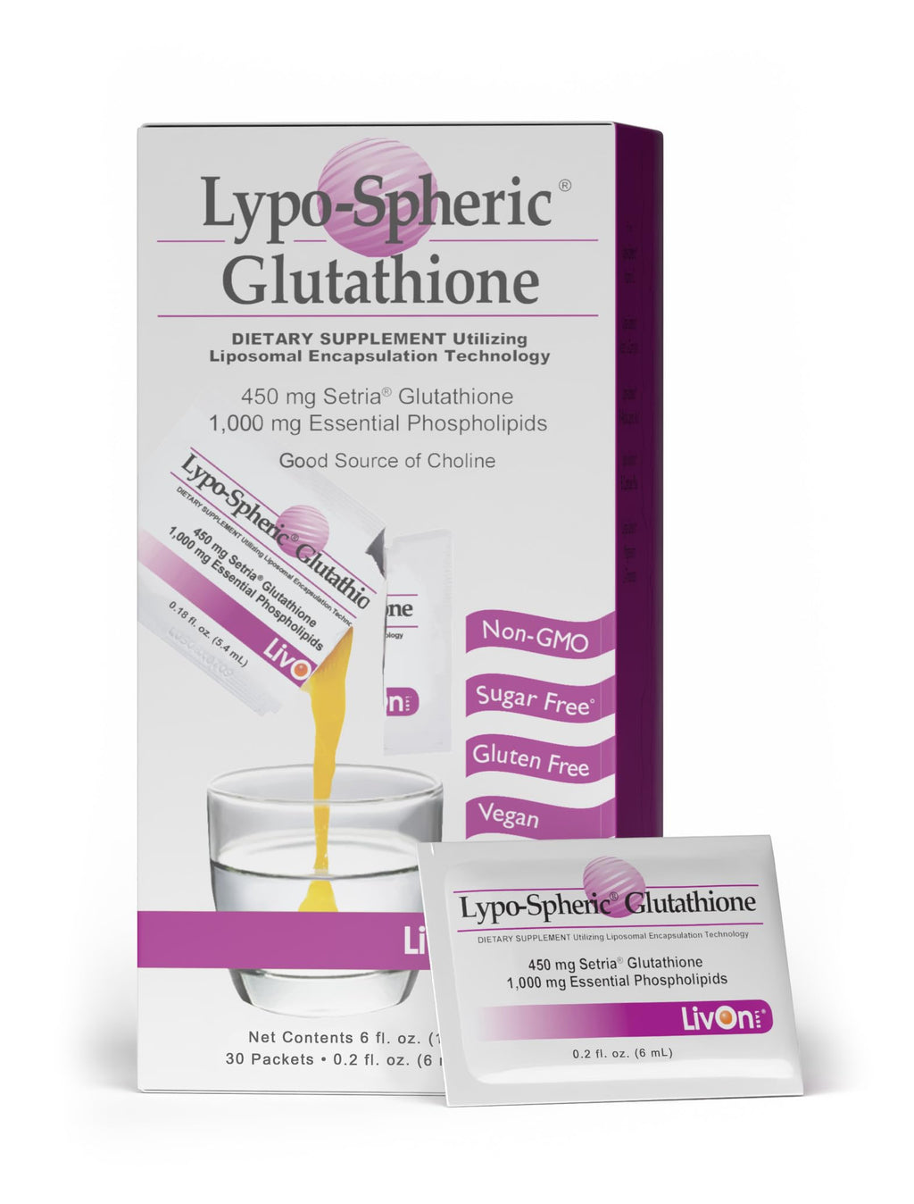 LivOn Lypo-Spheric Glutathione – 30 Packets, 450 mg Each, Liposome-Encapsulated, Non-GMO