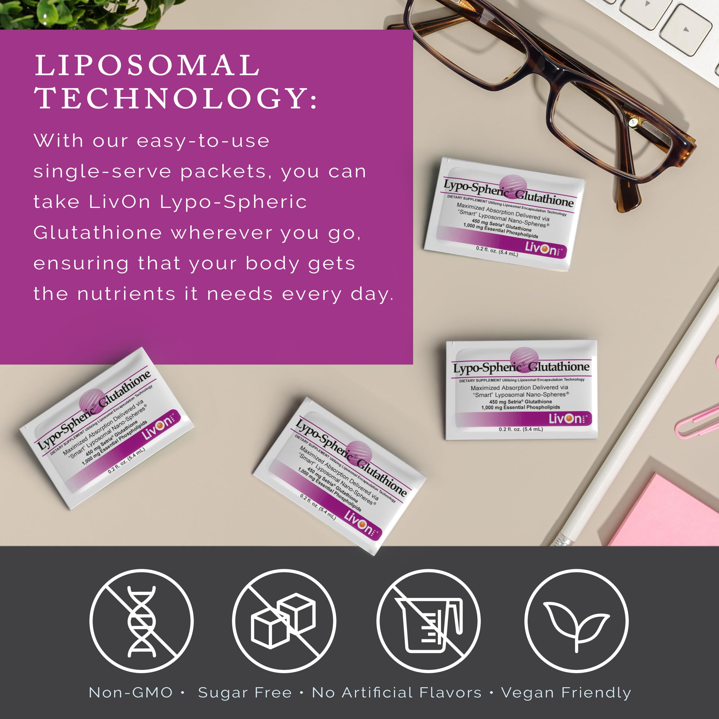 LivOn Lypo-Spheric Glutathione – 30 Packets, 450 mg Each, Liposome-Encapsulated, Non-GMO