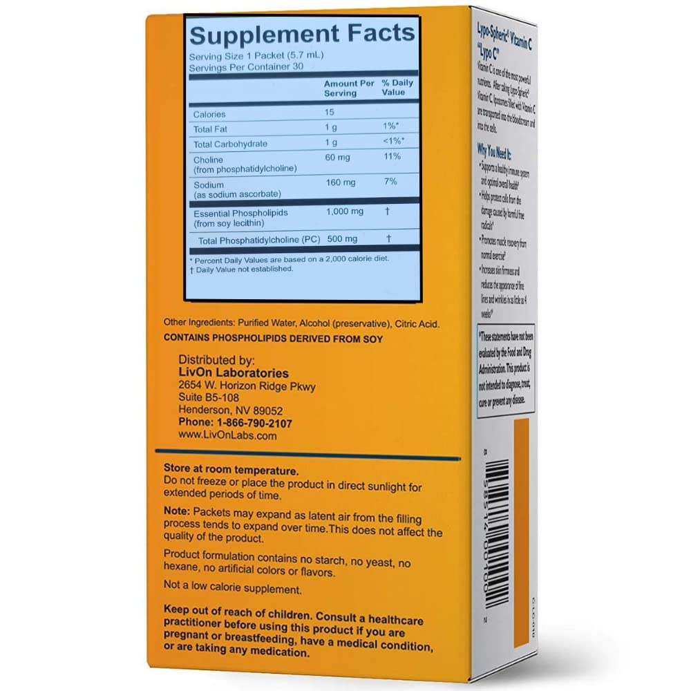 LivOn Laboratories Lypo-Spheric Vitamin C 1000 mg + 1000 mg Phospholipids per Packet | Liposome-Encapsulated, Non-GMO, 30 Packets