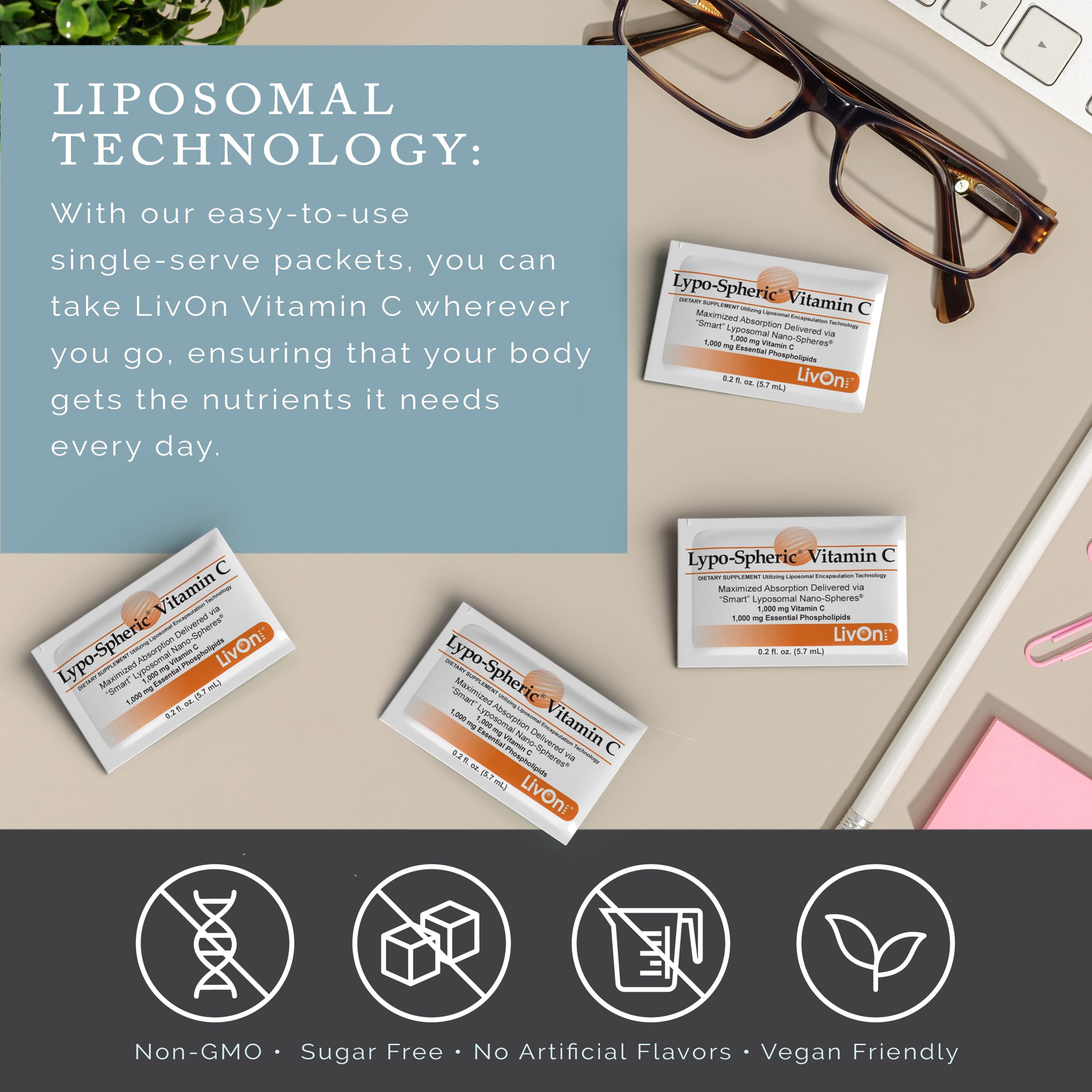 LivOn Lypo–Spheric Vitamin C 1000mg – No Sugar, Immune Support, Plant Based | 30 Packets