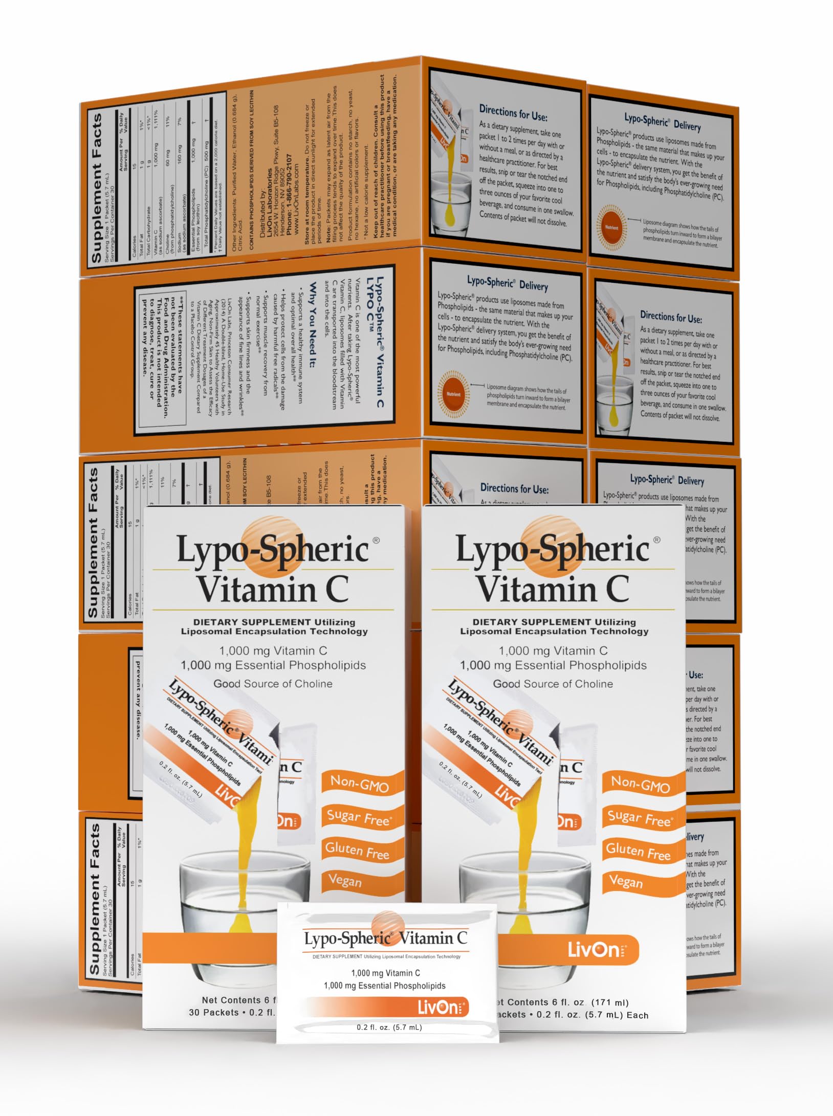 LivOn Laboratories Lypo-Spheric Vitamin C – 1,000 mg Vitamin C & 1,000 mg Phospholipids per Packet | Liposome-Encapsulated, Non-GMO | 12-Pack (360 Count)