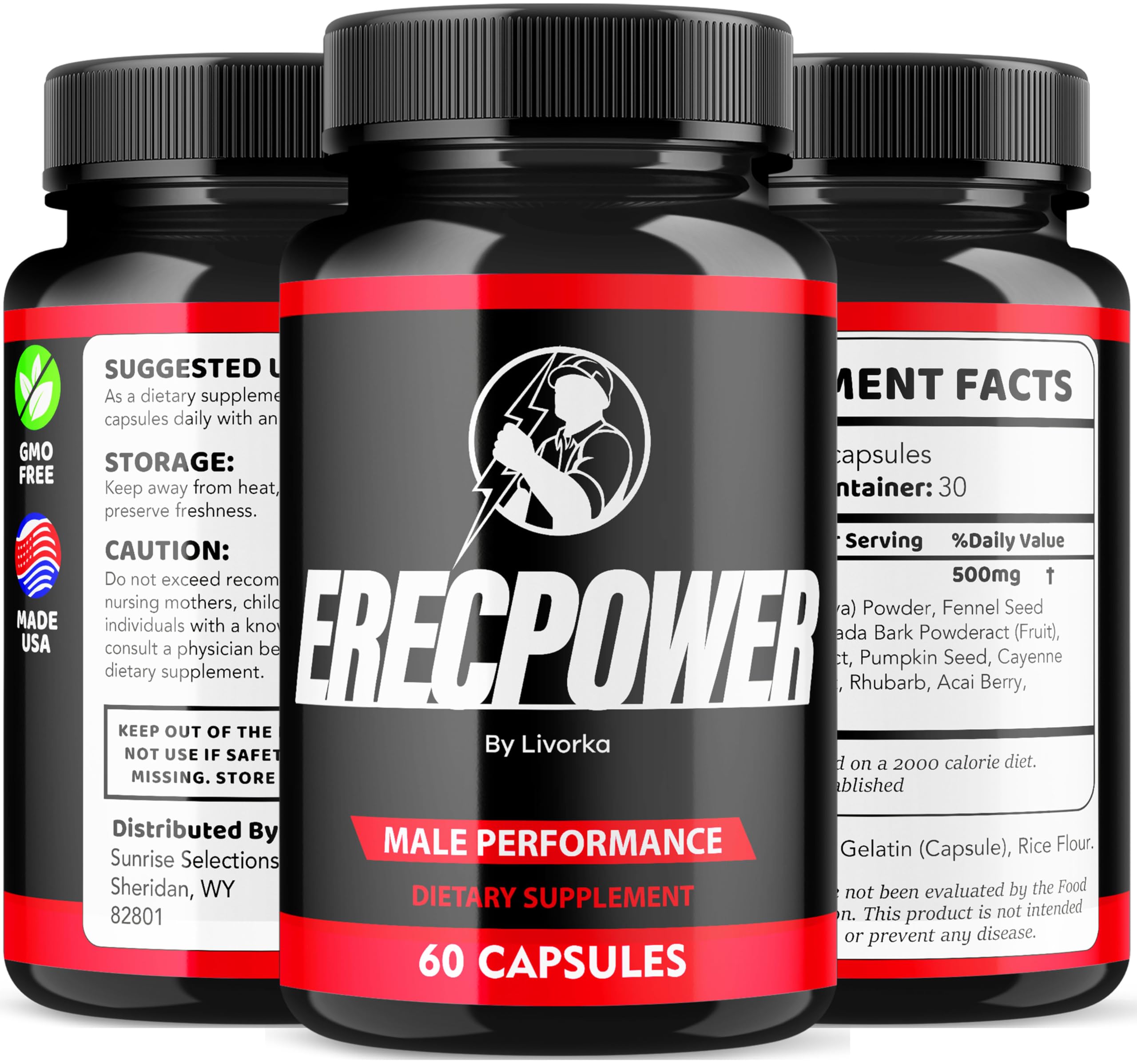 LIVORKA Erecpower Multivitamin for Men – Advanced Formula Capsules, 300 Pills/Bottle, Pack of 5 (5-Month Supply)