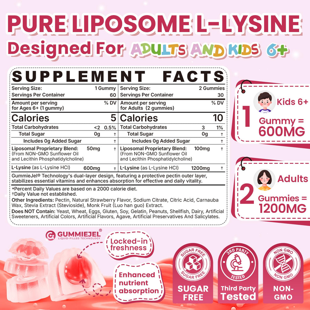 Liposomal L-Lysine Gummies 1200mg – High-Absorption Immune & Skin Support (Vegan Non-GMO Sugar-Free) – 60 Gummies