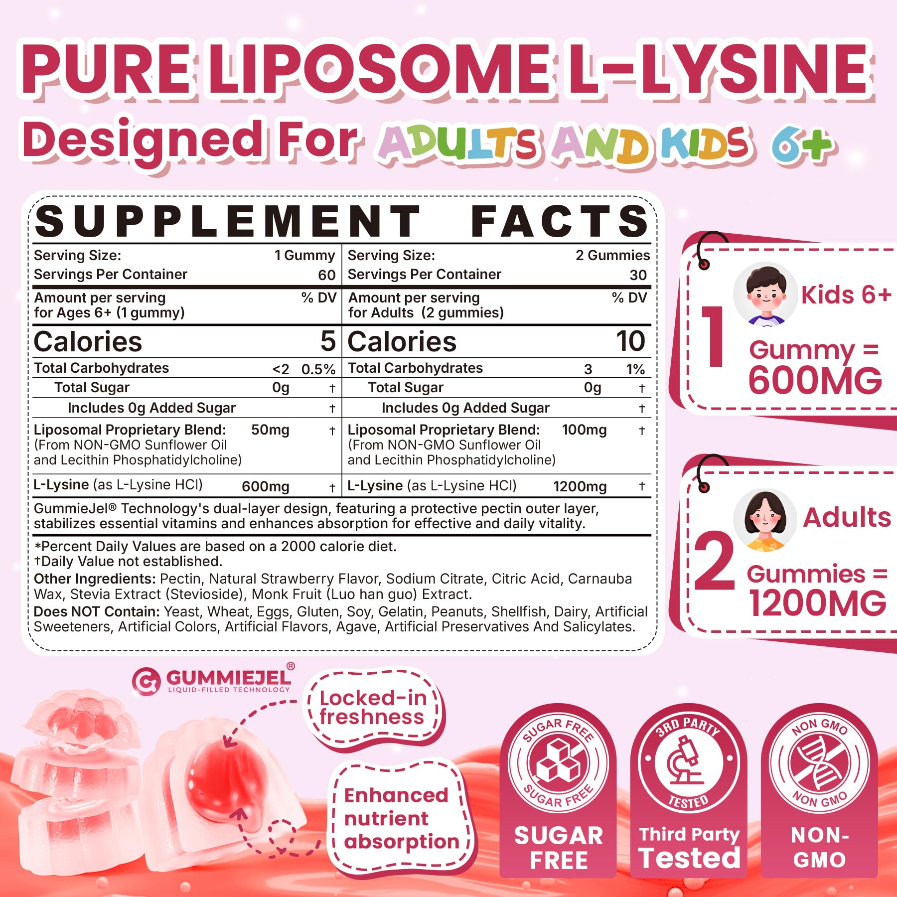 Liposomal L-Lysine Gummies 1200mg – High-Absorption Immune & Skin Support (Vegan Non-GMO Sugar-Free) – 60 Gummies
