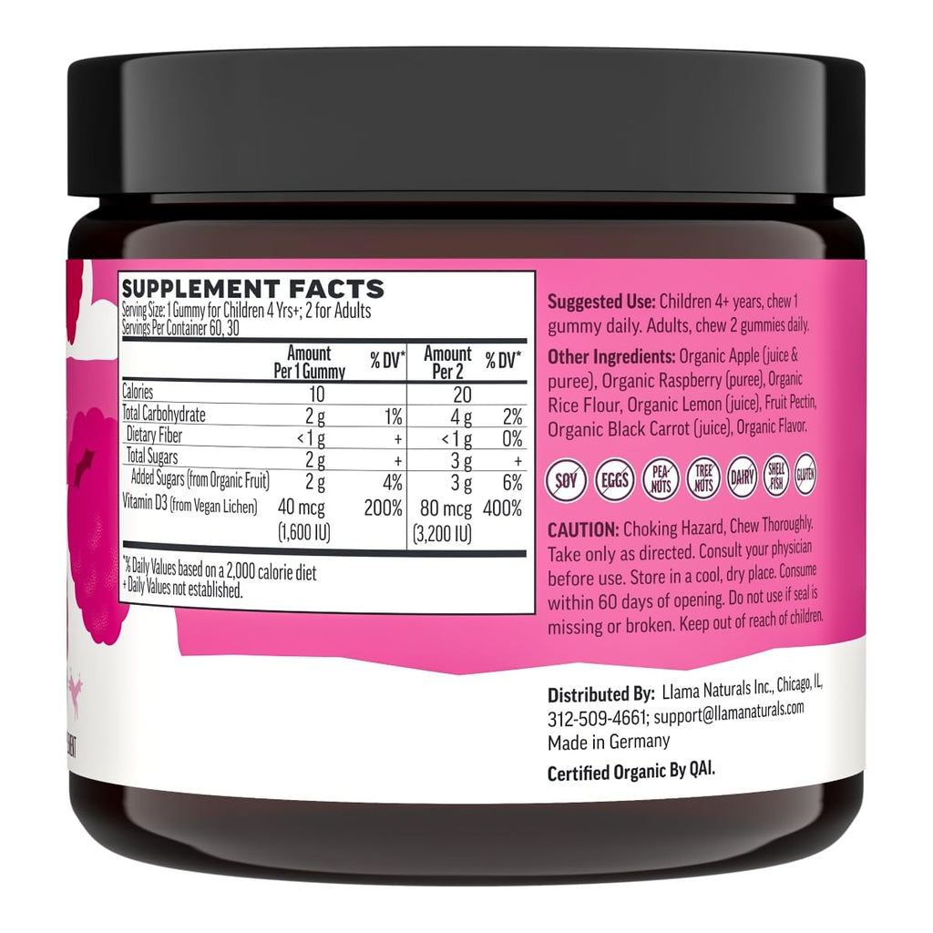 Llama Naturals Vitamin D3 Gummies - Vegan, Organic, 60 Ct