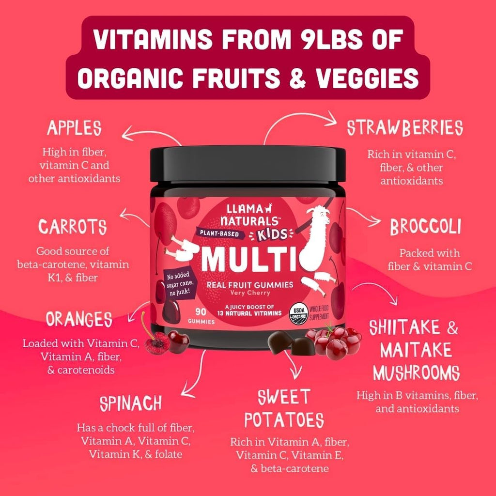Llama Naturals Kids Multivitamin Gummies - Vegan, Organic, Cherry, 90 ct