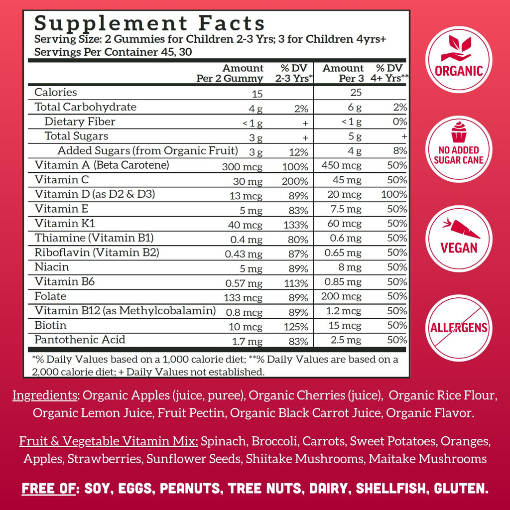 Llama Naturals Kids Multivitamin Gummies - Vegan, Organic, Cherry, 90 ct