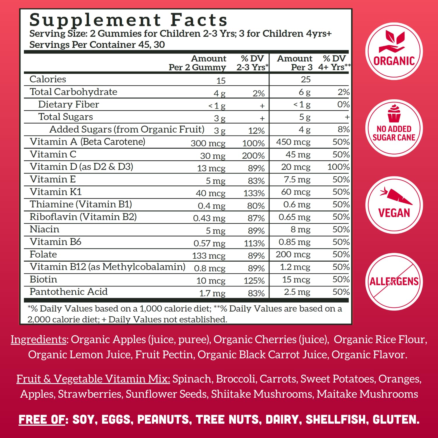 Llama Naturals Kids Multivitamin Gummies - Vegan, Organic, Cherry, 90 ct