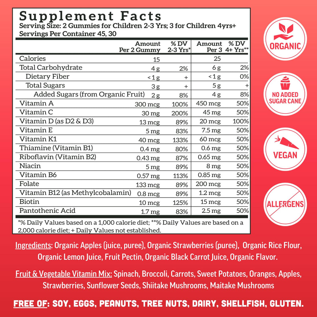 Llama Naturals Kids Multivitamin Gummies – Vegan Organic with Vitamins D, C & K | Strawberry 2 Pack