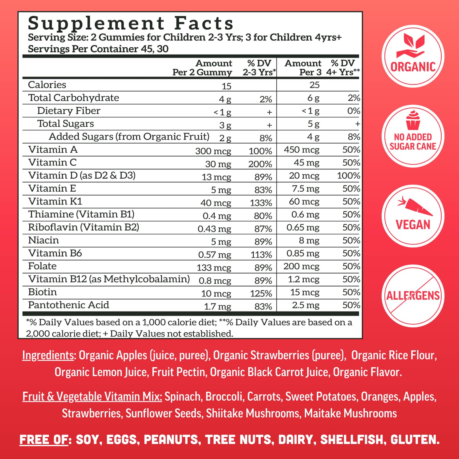Llama Naturals Kids Multivitamin Gummies – Vegan Organic with Vitamins D, C & K | Strawberry 2 Pack