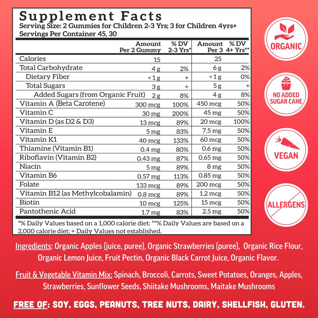 Llama Naturals Kids Multivitamin Gummies - Vegan, Organic, Strawberry, 90 Ct