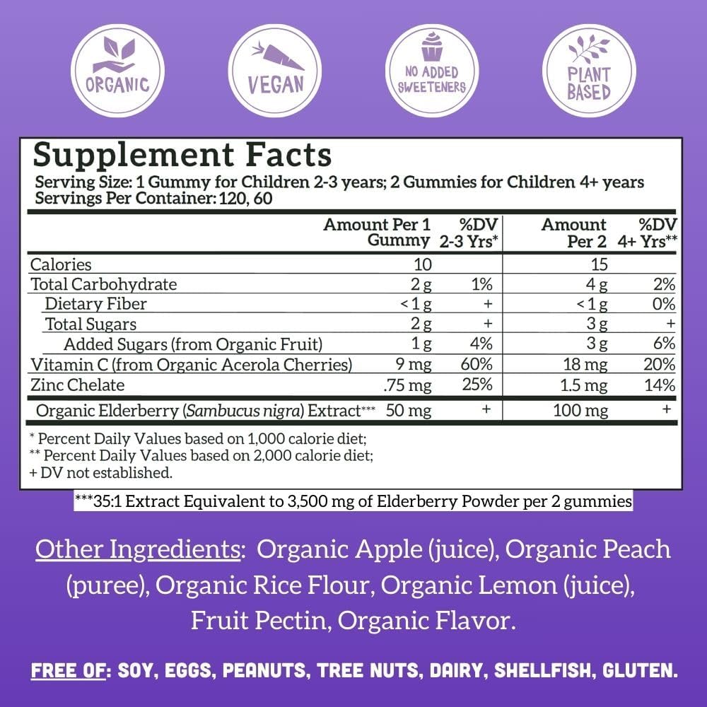 Llama Naturals Elderberry Gummies for Kids — Vegan Organic Immune Support with Vitamin C & Zinc (120 Ct)