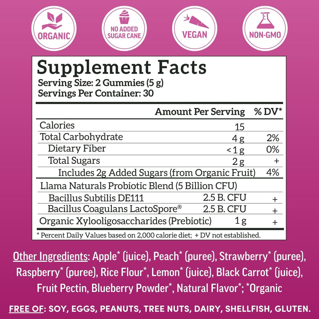 Llama Naturals Probiotics – Vegan Prebiotic Gummies (Mixed Berry) 60 Ct