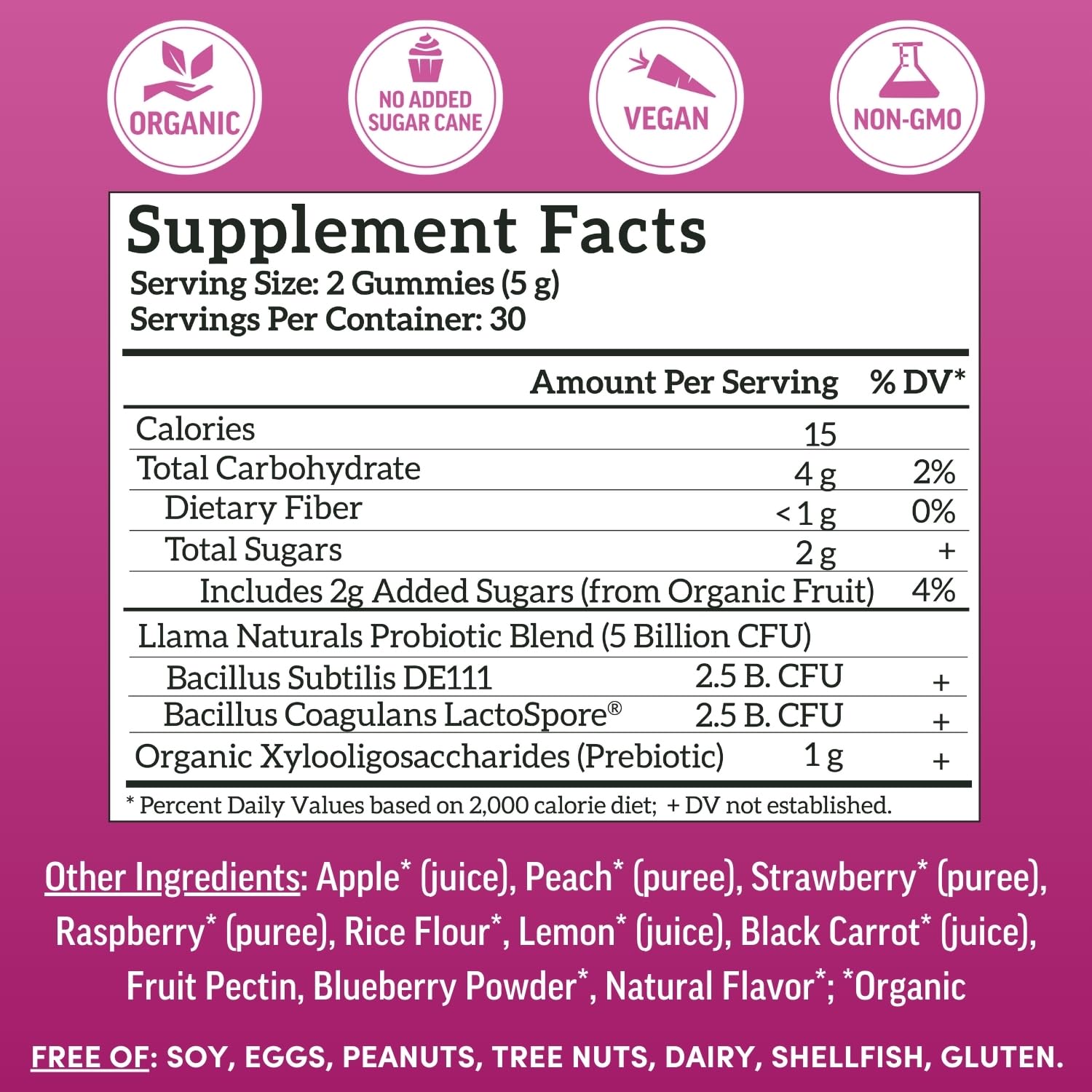 Llama Naturals Probiotics – Vegan Prebiotic Gummies (Mixed Berry) 60 Ct