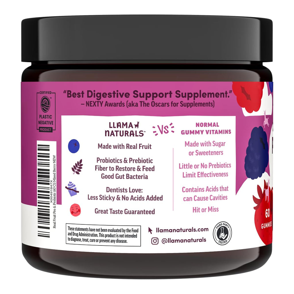 Llama Naturals Probiotics – Vegan Prebiotic Gummies (Mixed Berry) 60 Ct