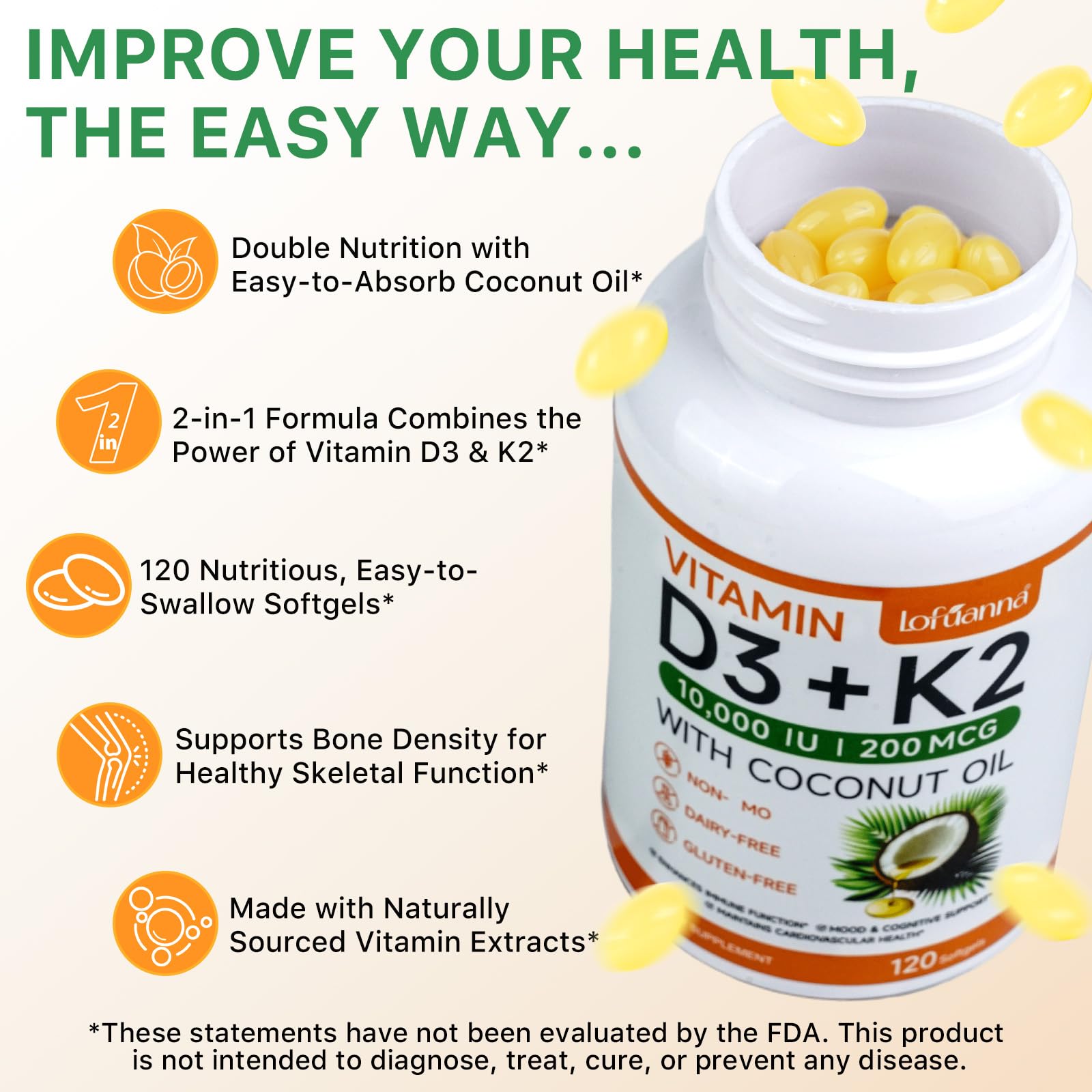 Lofuanna Vitamin D3 K2 Softgels – 2-in-1 D3 & K2 with Coconut Oil