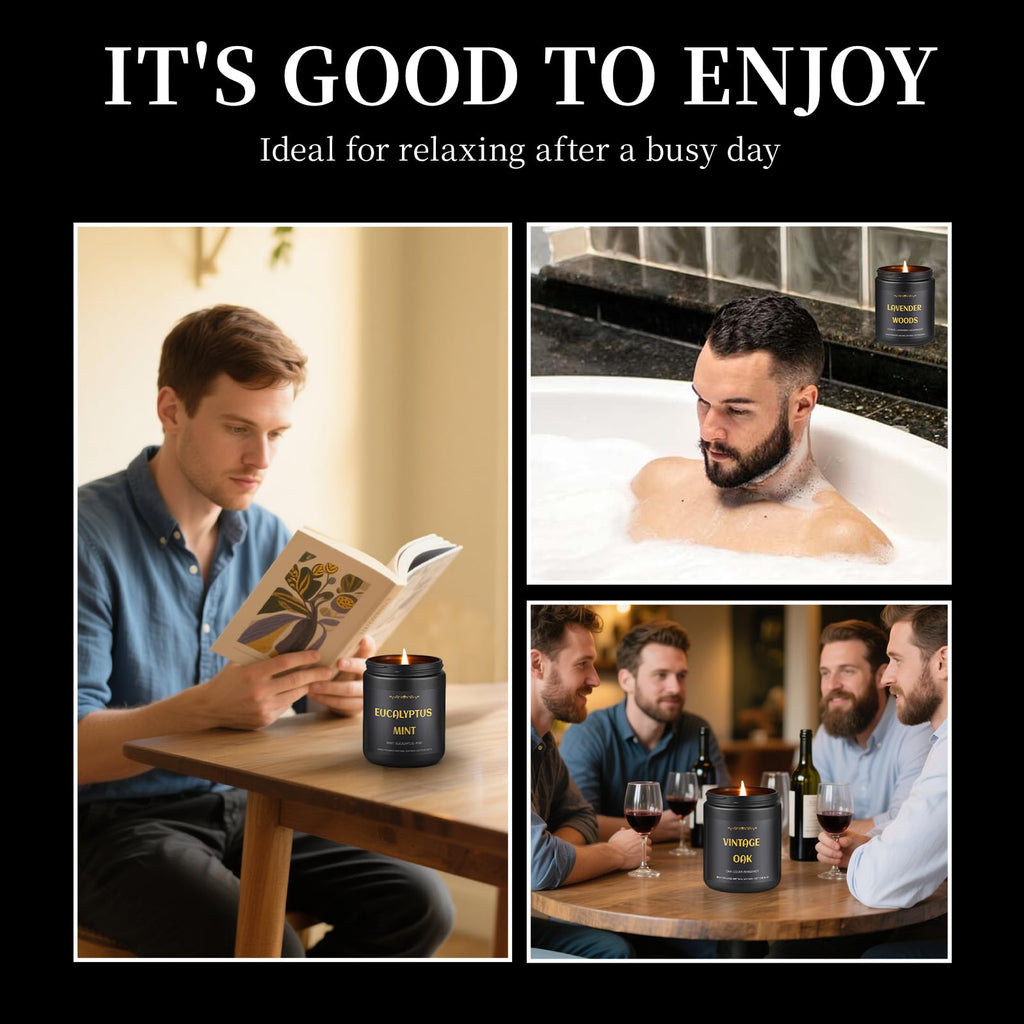 Men's Scented Candles - 4 Pack Soy Candles (28oz, 200h) Leather, Oak, Lavender & Eucalyptus