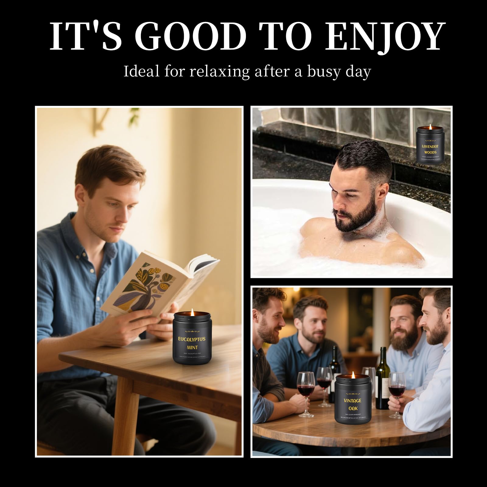 Men's Scented Candles - 4 Pack Soy Candles (28oz, 200h) Leather, Oak, Lavender & Eucalyptus