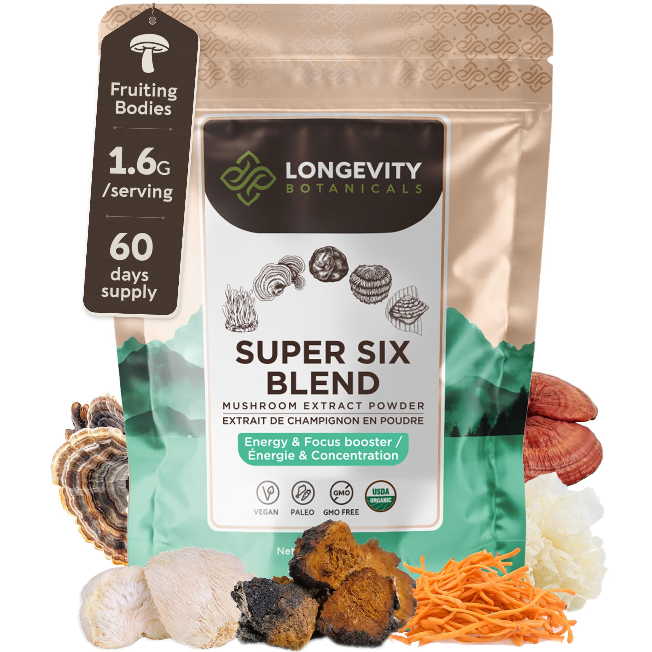 Longevity Botanicals Super Six Organic Mushroom Blend 100g | Reishi, Lion’s Mane, Chaga, Cordyceps, Tremella & Turkey Tail | Extract Powder Mix | 10:1 Ratio | 100% Fruiting Bodies | Mushroom Complex