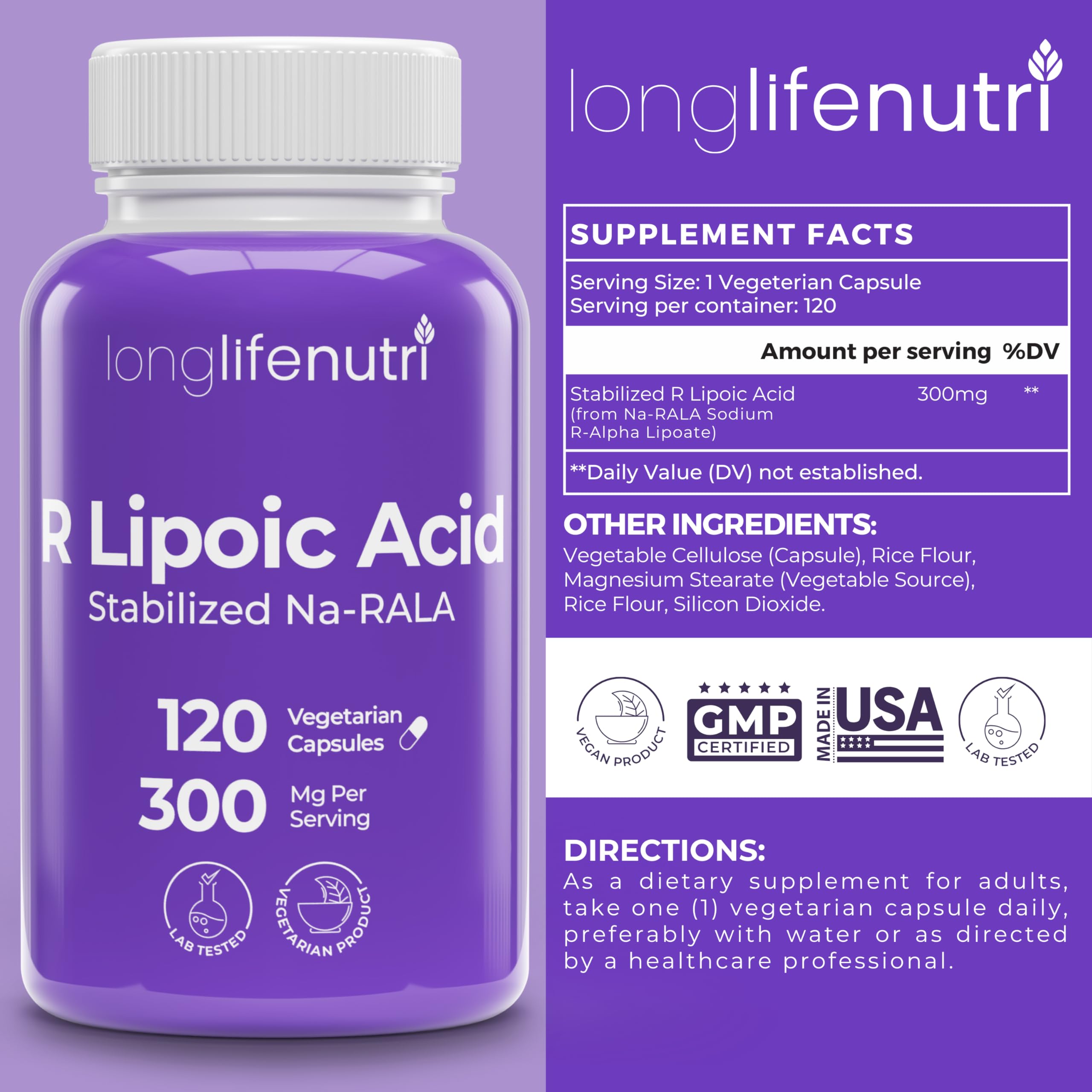 LongLifeNutri Stabilized R-Alpha Lipoic Acid 300mg – 120 Veg Capsules, 4-Month Supply, Made in USA