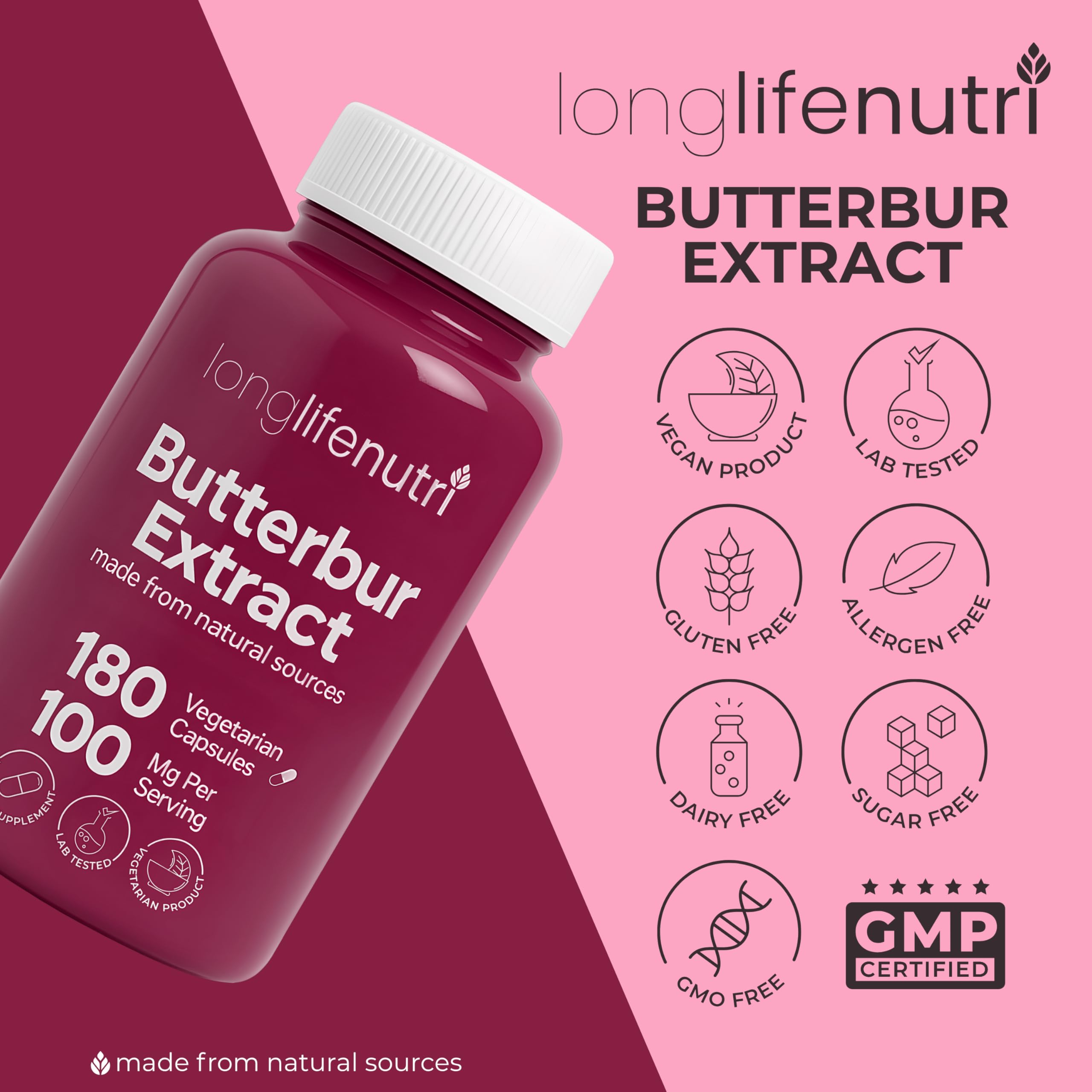 LongLifeNutri Butterbur Extract 100mg – 180 Vegetarian Capsules (6-Month Supply)