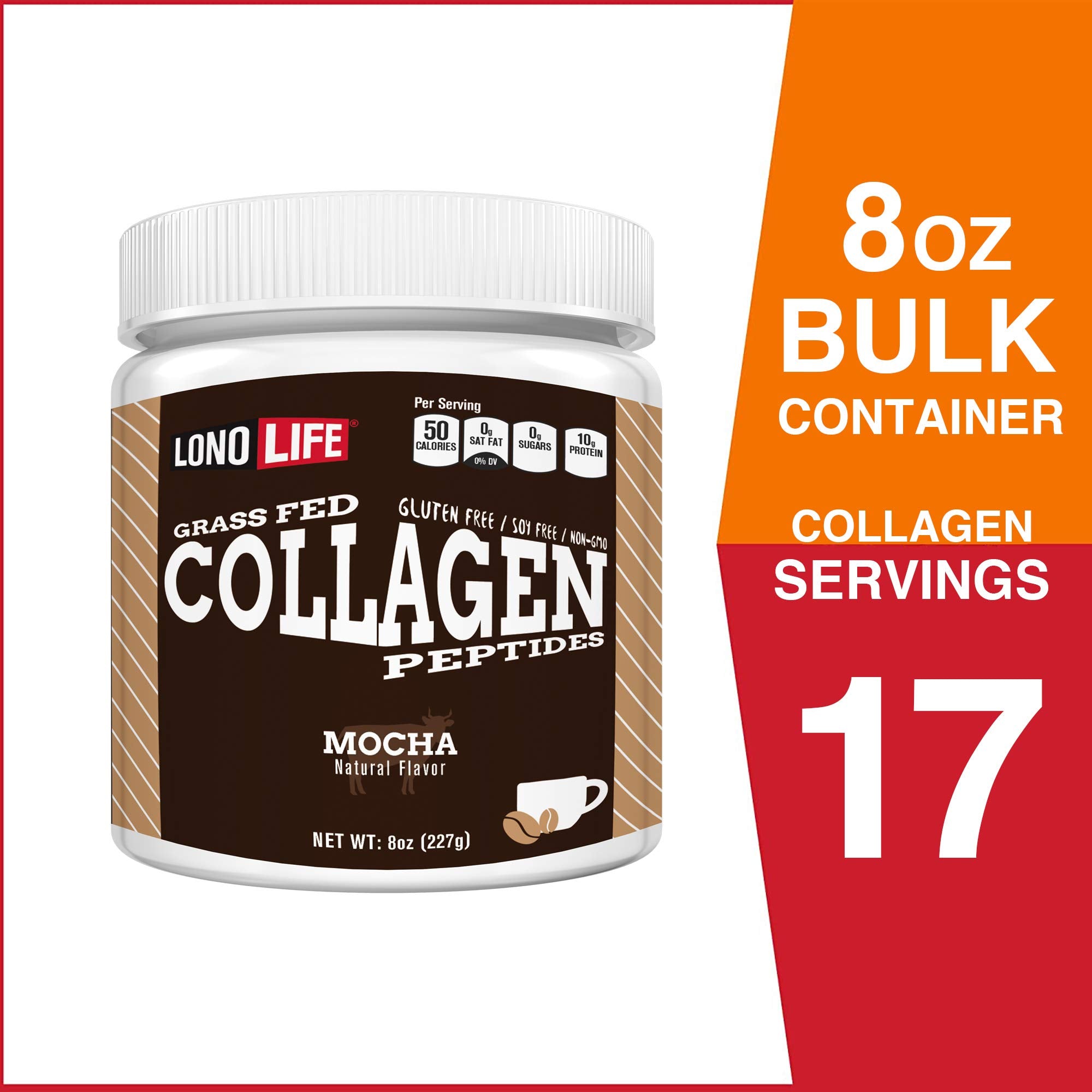 LonoLife Mocha Collagen Peptides - 10g Protein, Paleo & Keto Friendly, 8-Oz Bulk
