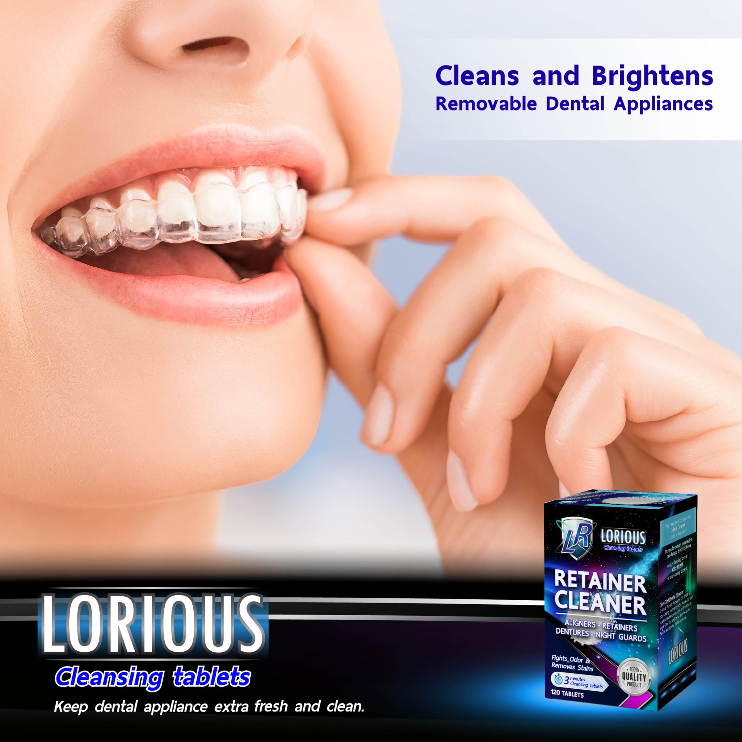 LORIOUS Retainer Cleaner Tablets (120 ct) – 4 Months of Daily Cleaning for Retainers, Aligners, Dentures and Mouth Guards