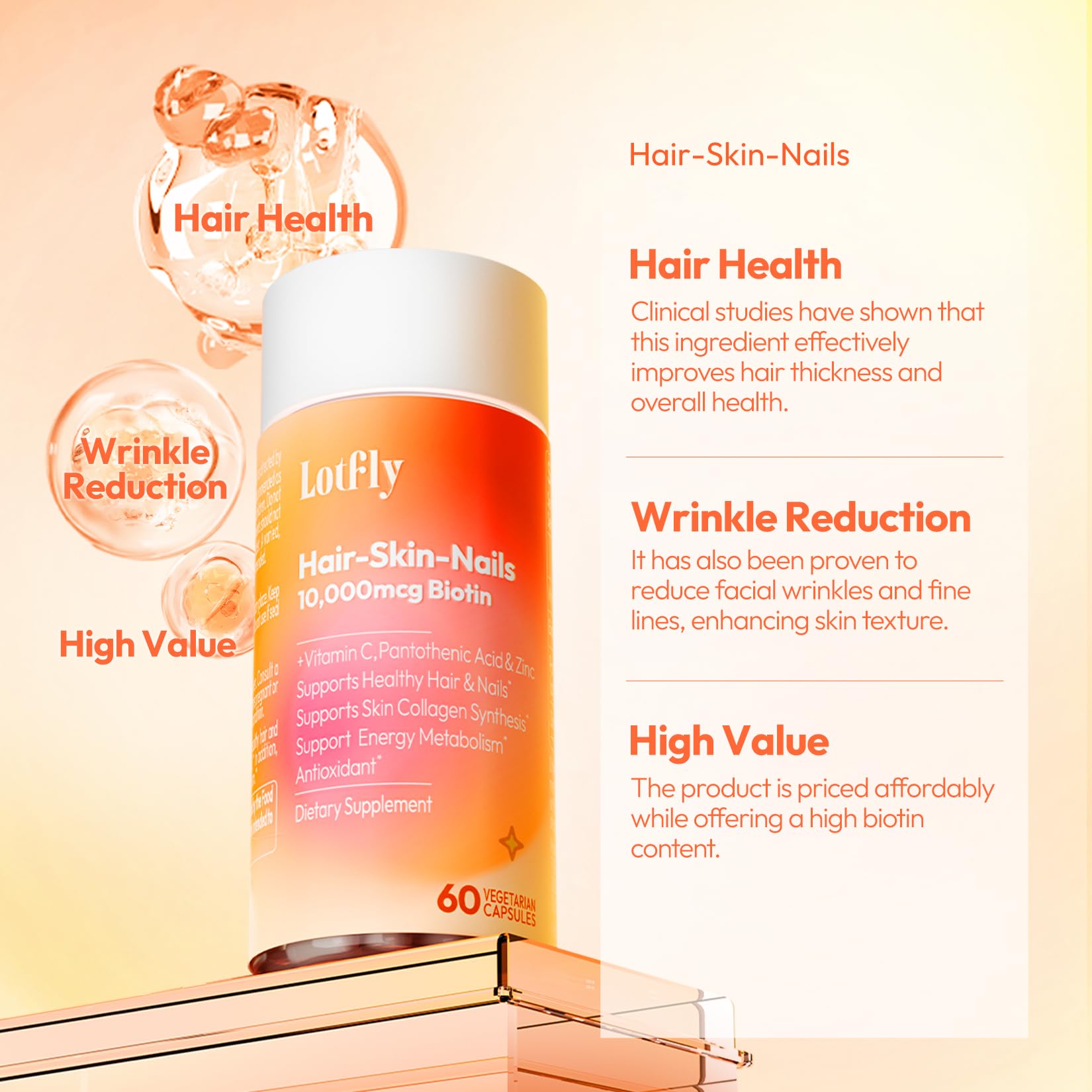 LOTFLY Biotin 10000 mcg with Zinc Vitamin C & Calcium Pantothenate – Supports Healthy Hair Growth, Strong Nails & Glowing Skin for Women & Men | Made in The USA | 60 Vegan Capsules (2 Months Supply)