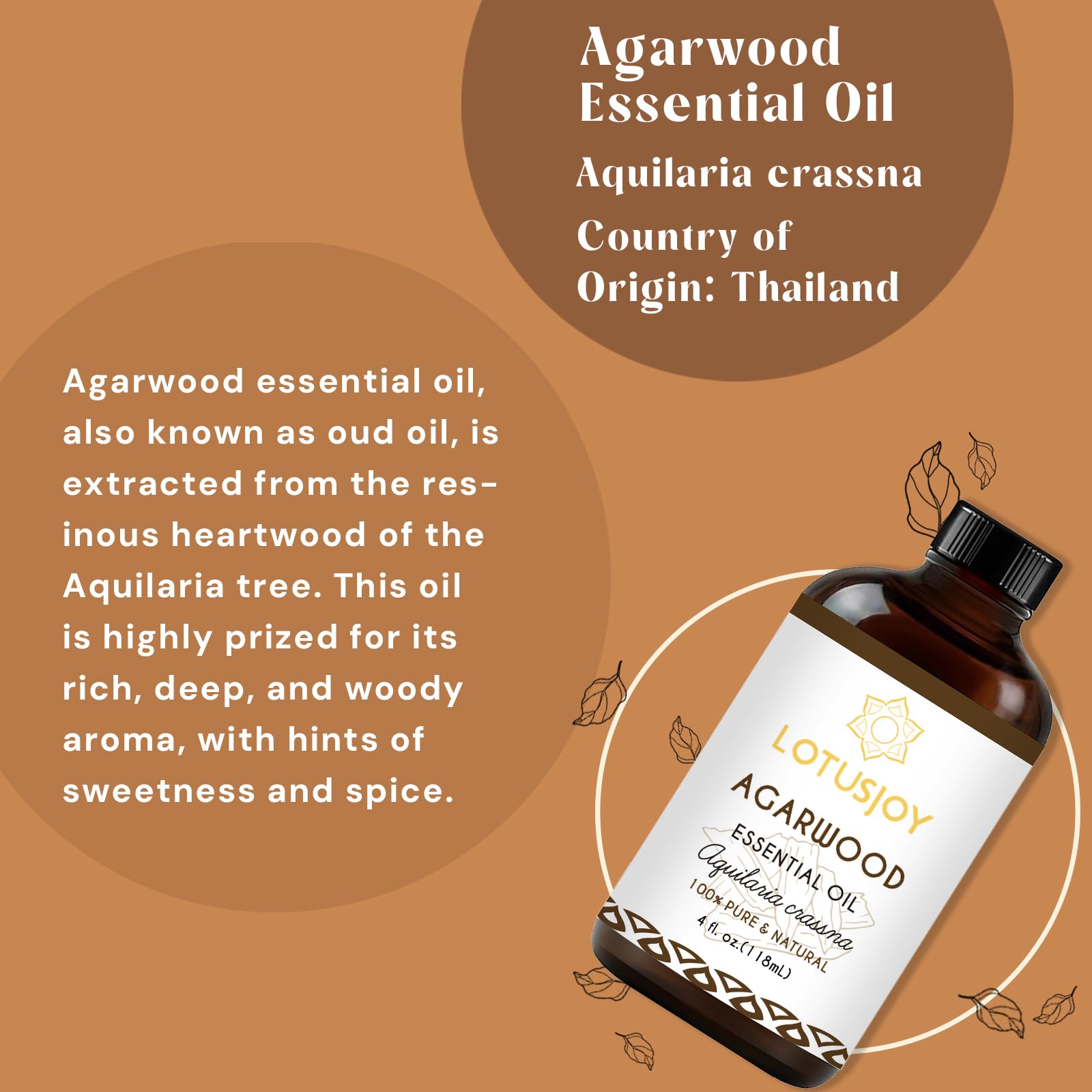 LotusJoy Agarwood Essential Oil - Pure Organic Oud for Diffuser & DIY Cosmetics (4 oz)
