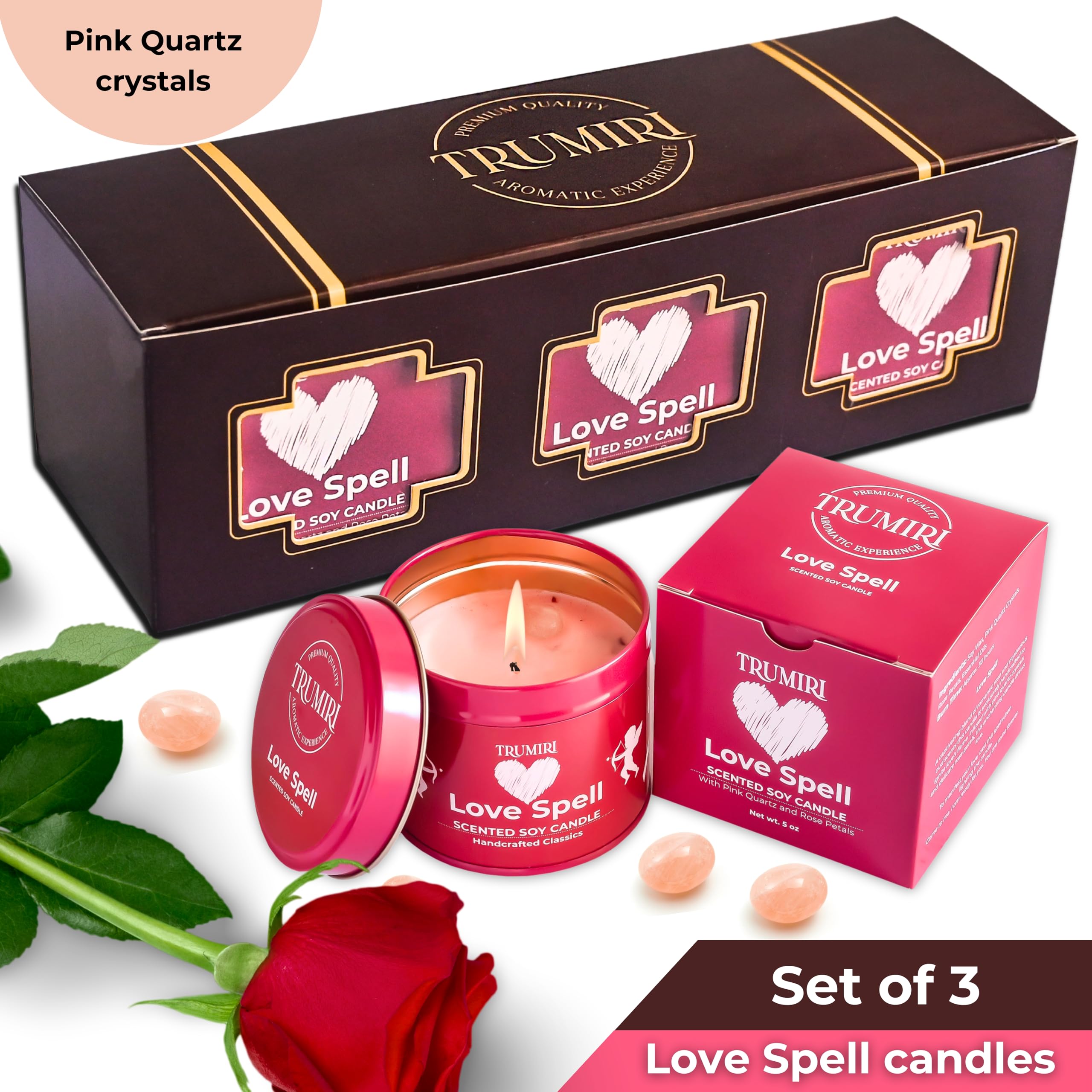 Love Spell Scented Candles - Soy, Rose Petals & Crystals | Pack of 3 x 5oz - Organic Non-Toxic Aromatherapy Gift