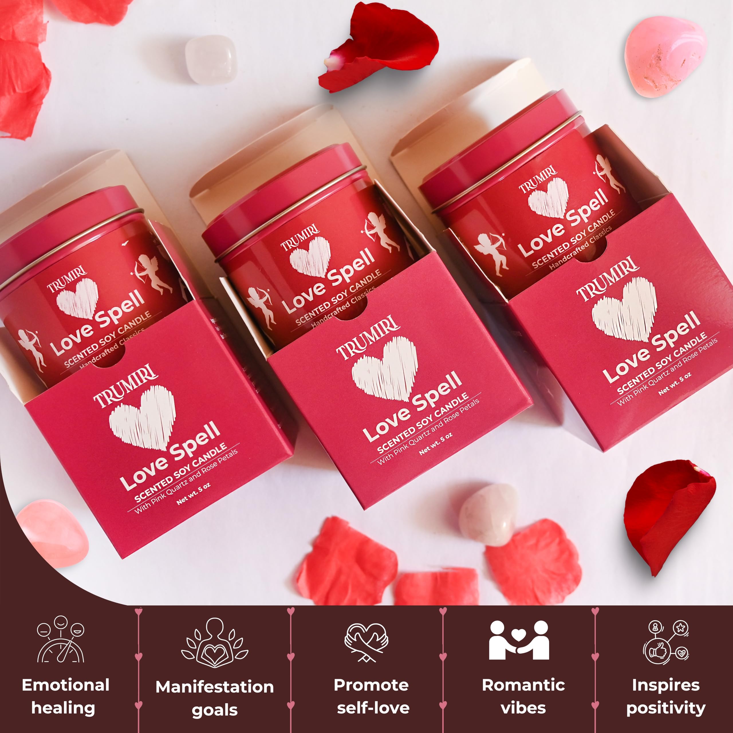 Love Spell Scented Candles - Soy, Rose Petals & Crystals | Pack of 3 x 5oz - Organic Non-Toxic Aromatherapy Gift