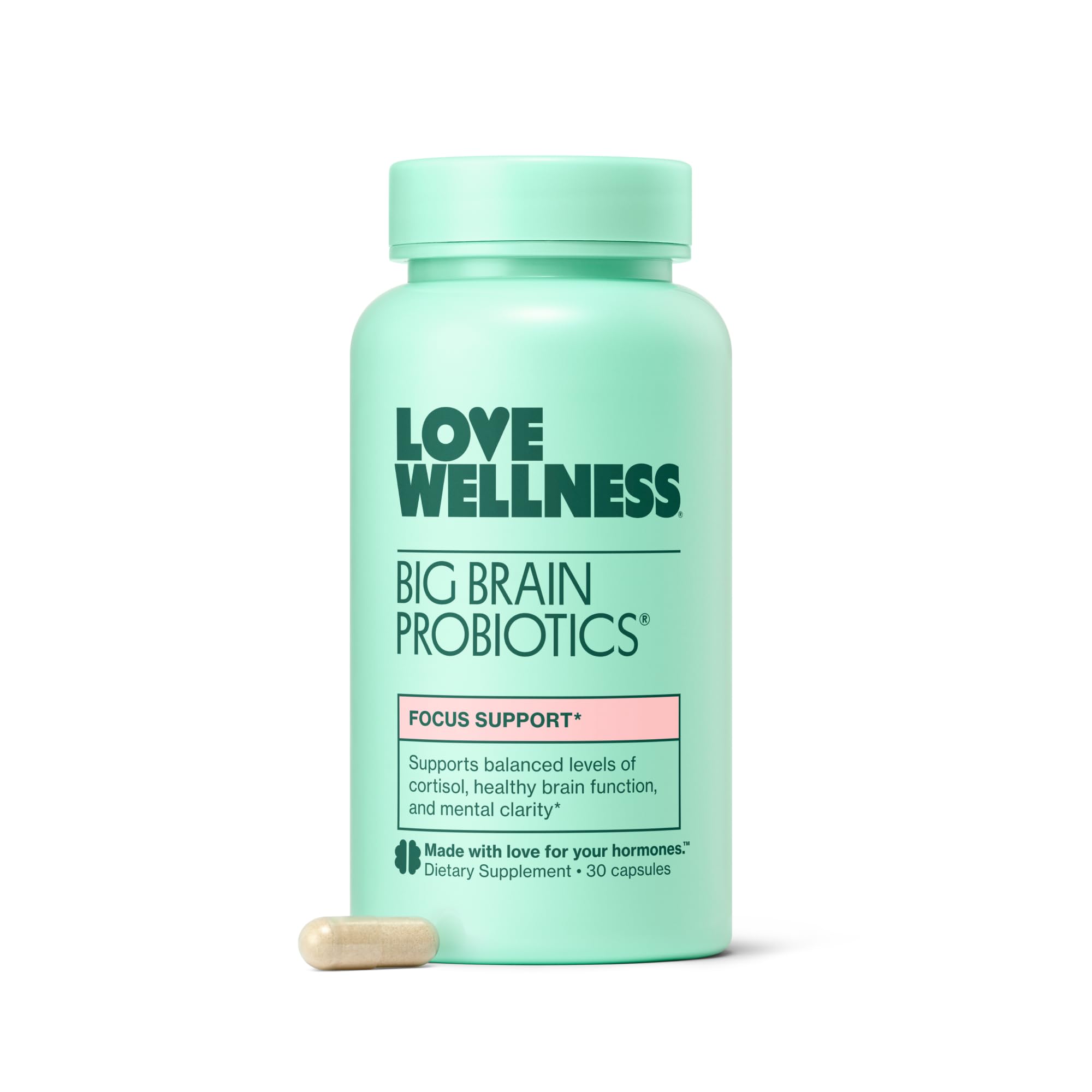 Love Wellness Big Brain Probiotics | Nootropics Brain Support Supplement | Brain Supplements for Memory and Focus | Promotes Mental Clarity & Mood | Organic Reishi, Chaga, & Lions Mane | 30 Count