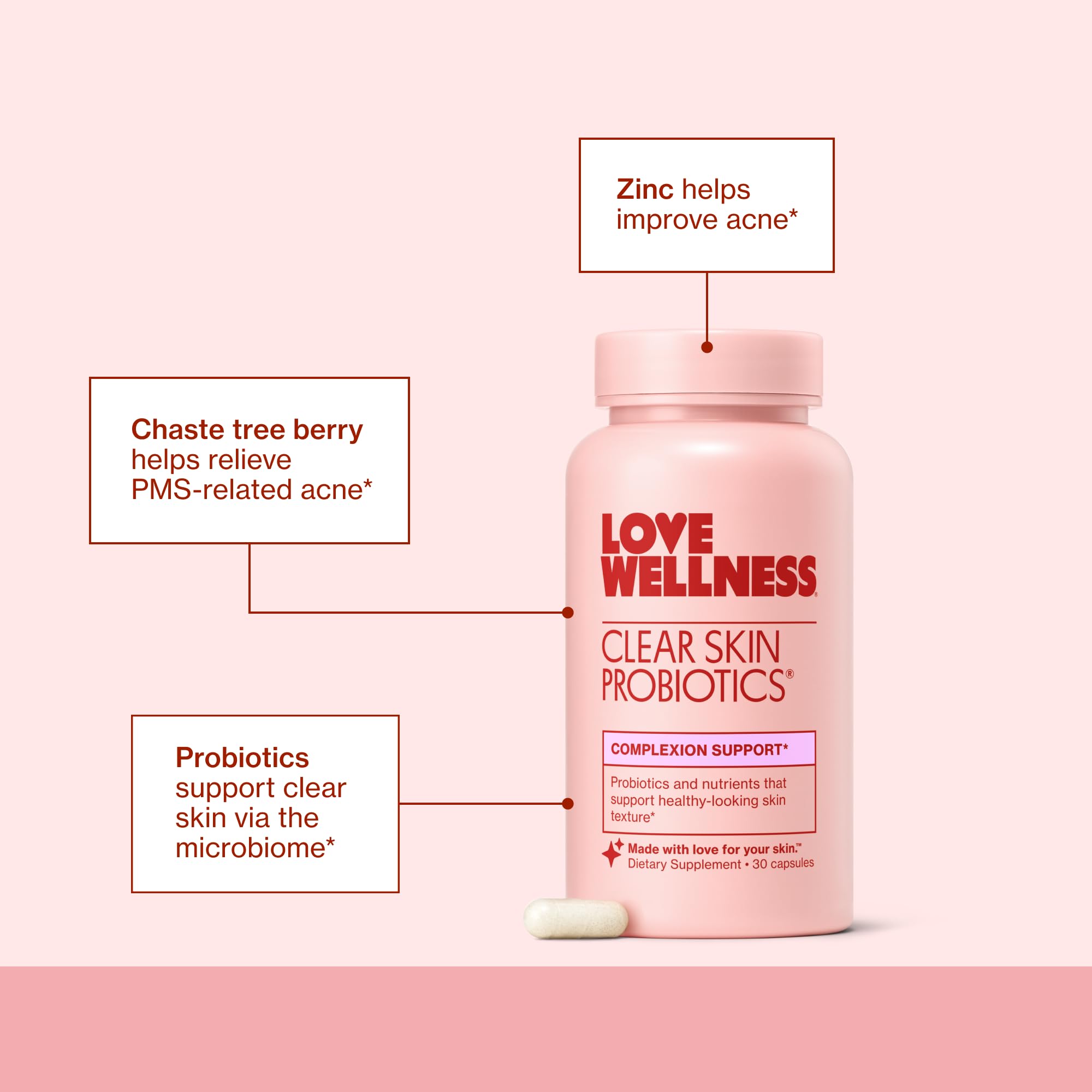 Love Wellness Clear Skin Probiotic | Hormonal Acne & Pore Minimizer | 30 Count