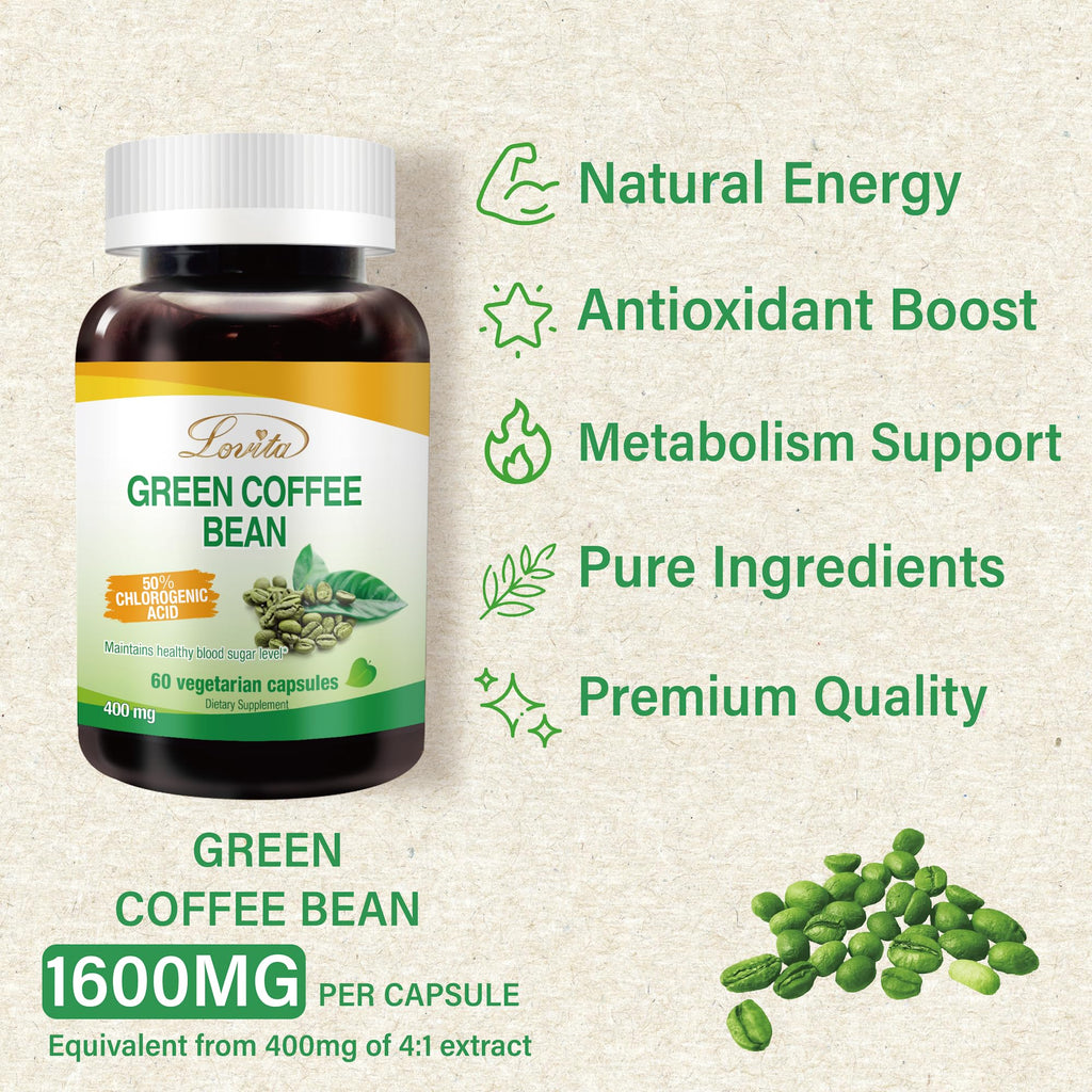 Lovita Green Coffee Bean Extract 1600 mg Equivalent, High Potent Green Coffee Extract with 50% Chlorogenic Acid for Natural Antioxidant & Size Reduction, Vegan Friendly, 60 Veggie Capsules