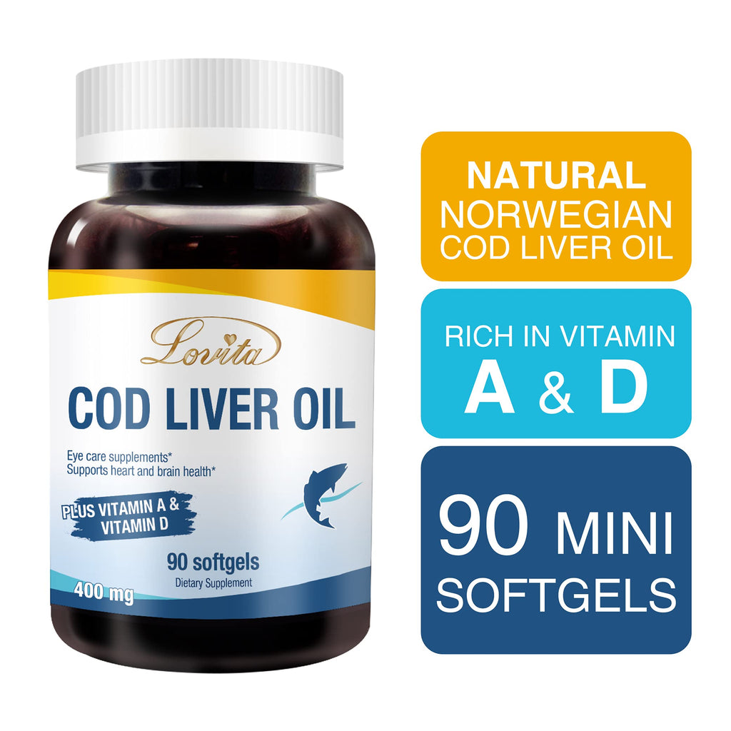 LOVITA Norwegian Cod Liver Oil - High Absorption TG, DHA & EPA, Vitamin A & D, 90 Softgels