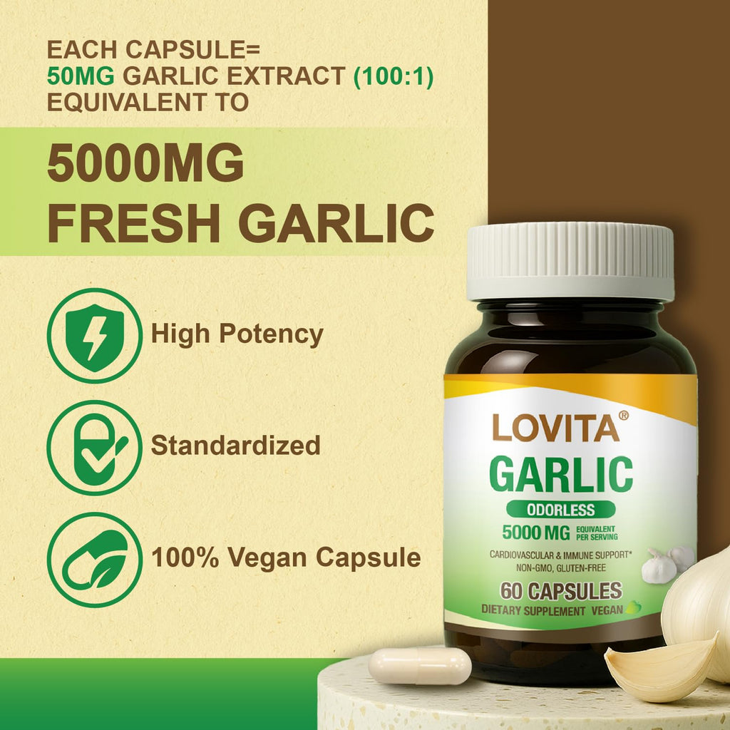 LOVITA Odorless Garlic Capsules – 5000mg Fresh Garlic Equivalent, 1.25% Allicin | Heart Health & Immune Support | Vegan, Non-GMO, Gluten-Free | 300 Capsules