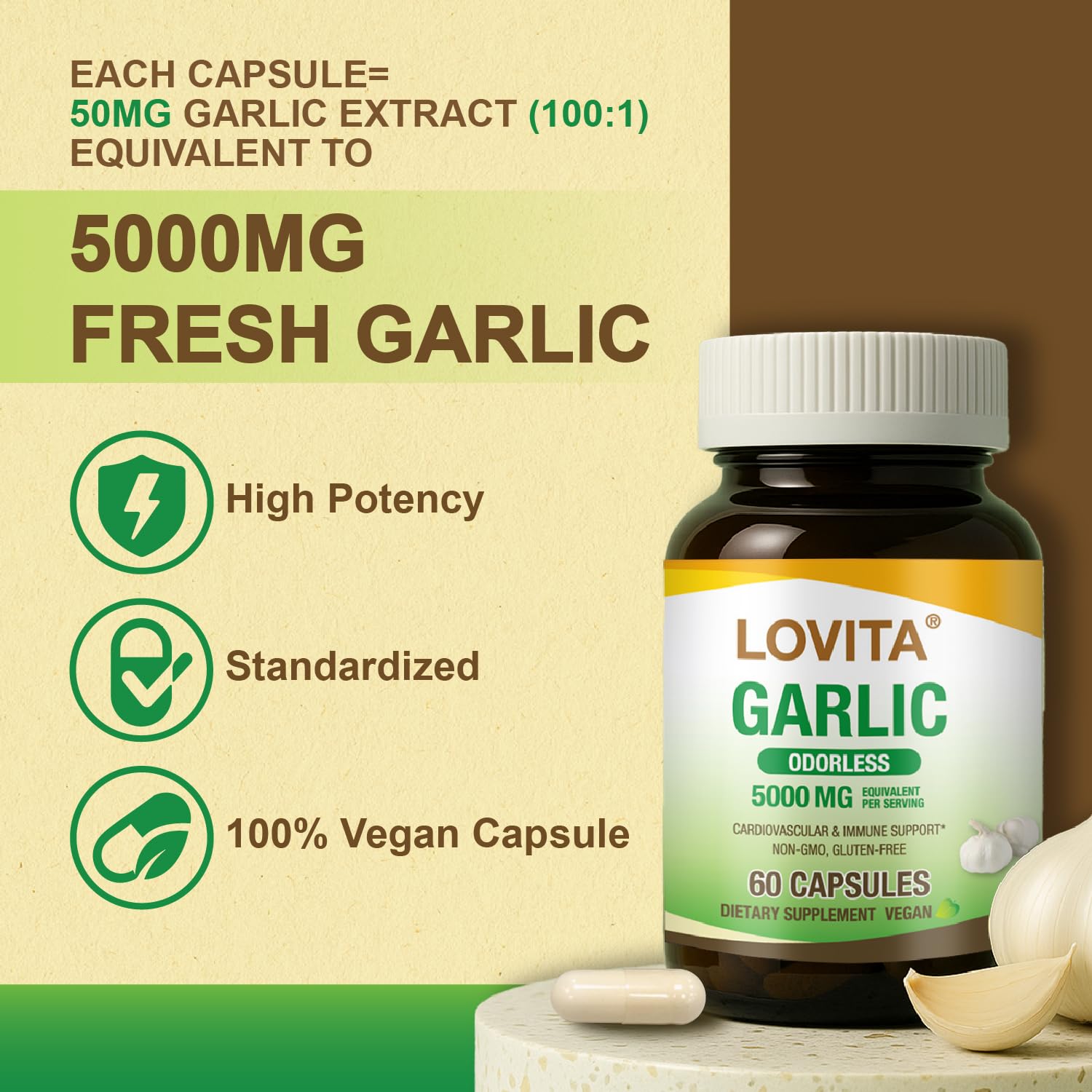 LOVITA Odorless Garlic Capsules – 5000mg Fresh Garlic Equivalent, 1.25% Allicin | Heart Health & Immune Support | Vegan, Non-GMO, Gluten-Free | 300 Capsules