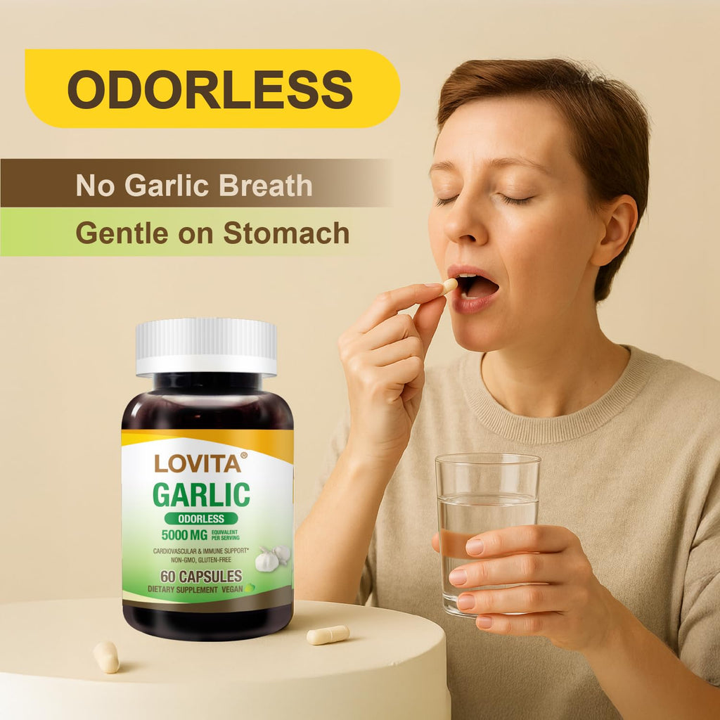 LOVITA Odorless Garlic Capsules – 5000mg Fresh Garlic Equivalent, 1.25% Allicin | Heart Health & Immune Support | Vegan, Non-GMO, Gluten-Free | 300 Capsules