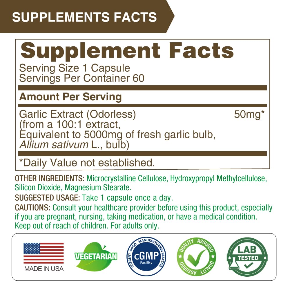 LOVITA Odorless Garlic Capsules – 5000mg Fresh Garlic Equivalent, 1.25% Allicin | Heart Health & Immune Support | Vegan, Non-GMO, Gluten-Free | 300 Capsules