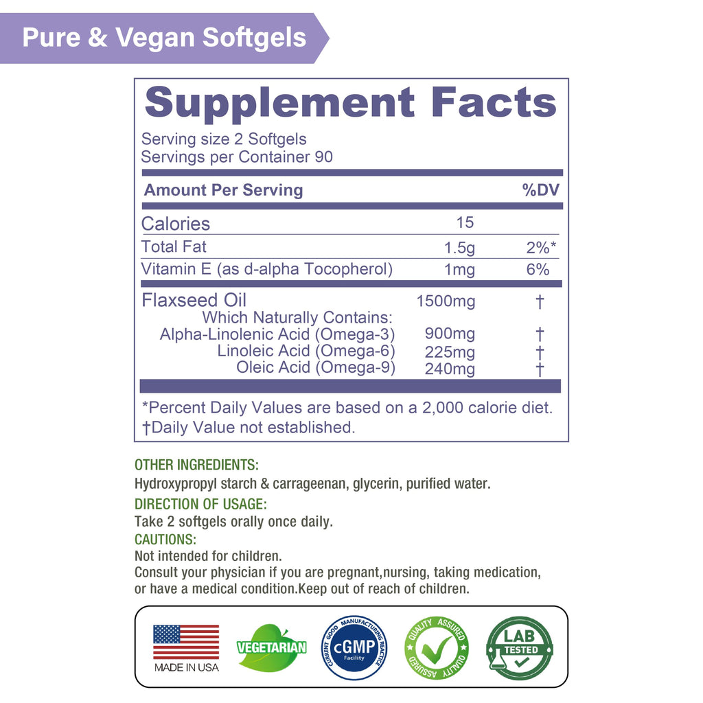 LOVITA Vegan Flaxseed Oil 1500mg + 900mg ALA Omega-3 | Cold-Pressed, Non-GMO, Gluten Free | 180 Softgels