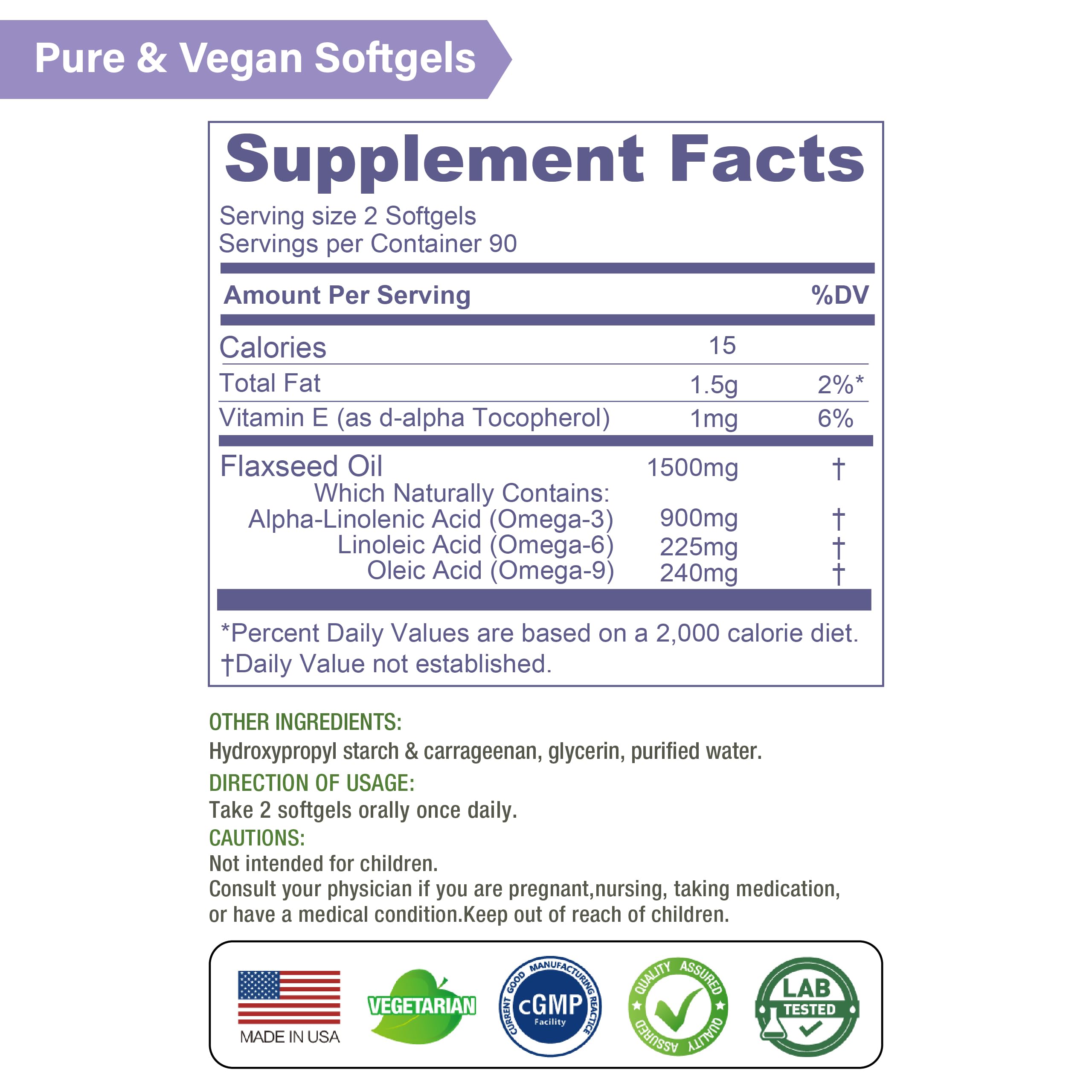 LOVITA Vegan Flaxseed Oil 1500mg + 900mg ALA Omega-3 | Cold-Pressed, Non-GMO, Gluten Free | 180 Softgels