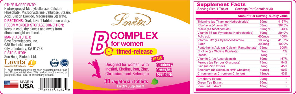 Lovita Vitamin B Complex for Women – Timed Release, 30 Veg Tablets (Pack of 3)