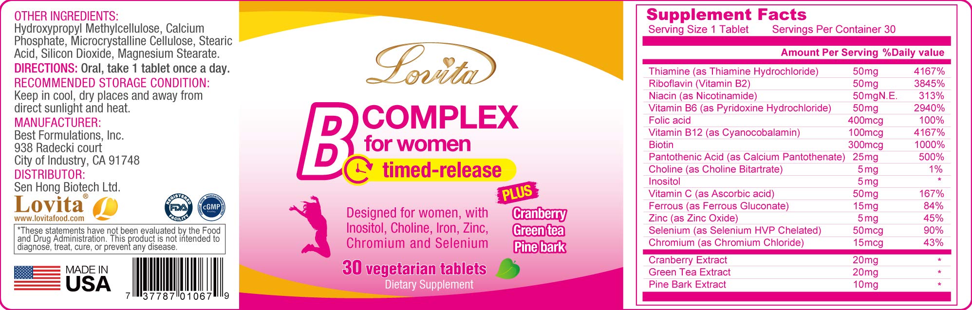 Lovita Vitamin B Complex for Women – Timed Release, 30 Veg Tablets (Pack of 3)