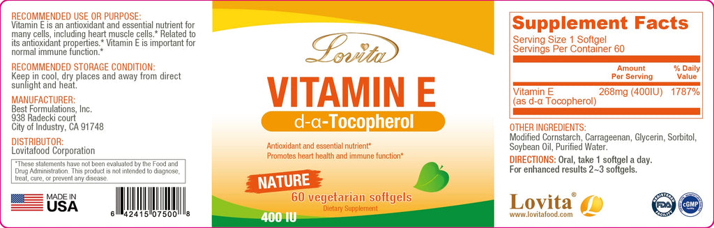 LOVITA Vitamin E 400 IU Softgels – Vegan D Alpha Tocopherol for Healthy Skin, Hair, Nails & Immune Support | 60 Softgels