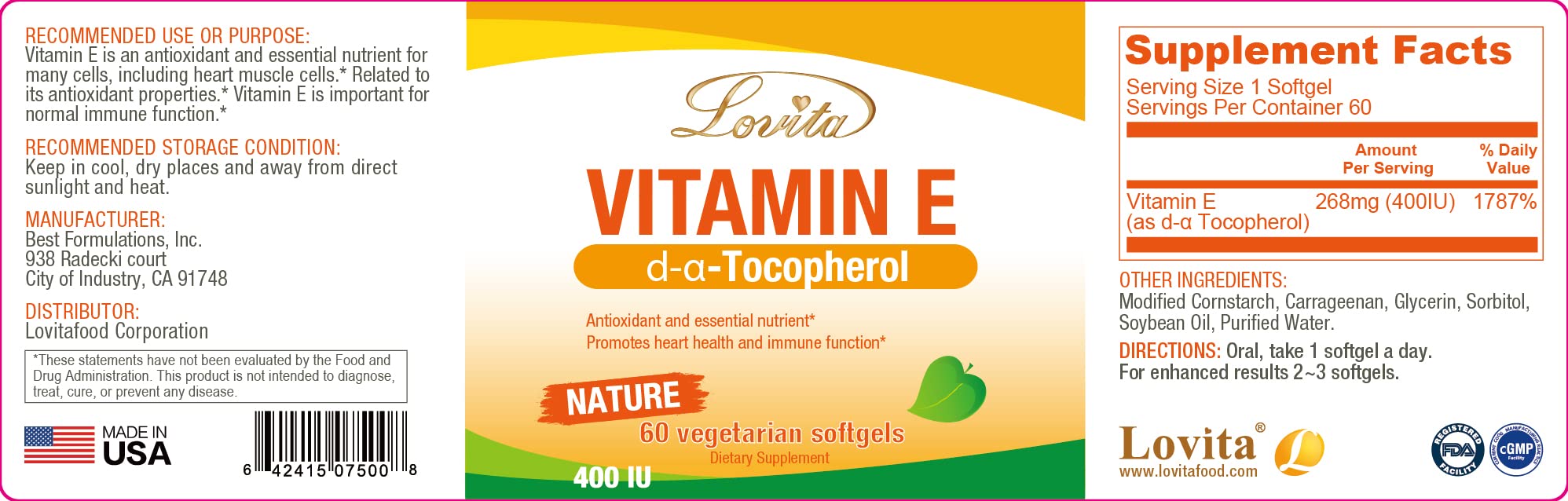 LOVITA Vitamin E 400 IU Softgels – Vegan D Alpha Tocopherol for Healthy Skin, Hair, Nails & Immune Support | 60 Softgels