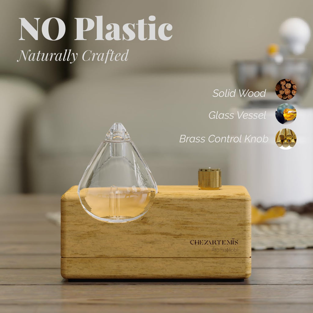 Glass Essential Oil Diffuser with Handmade Wood Base - Waterless, Portable & Rechargeable