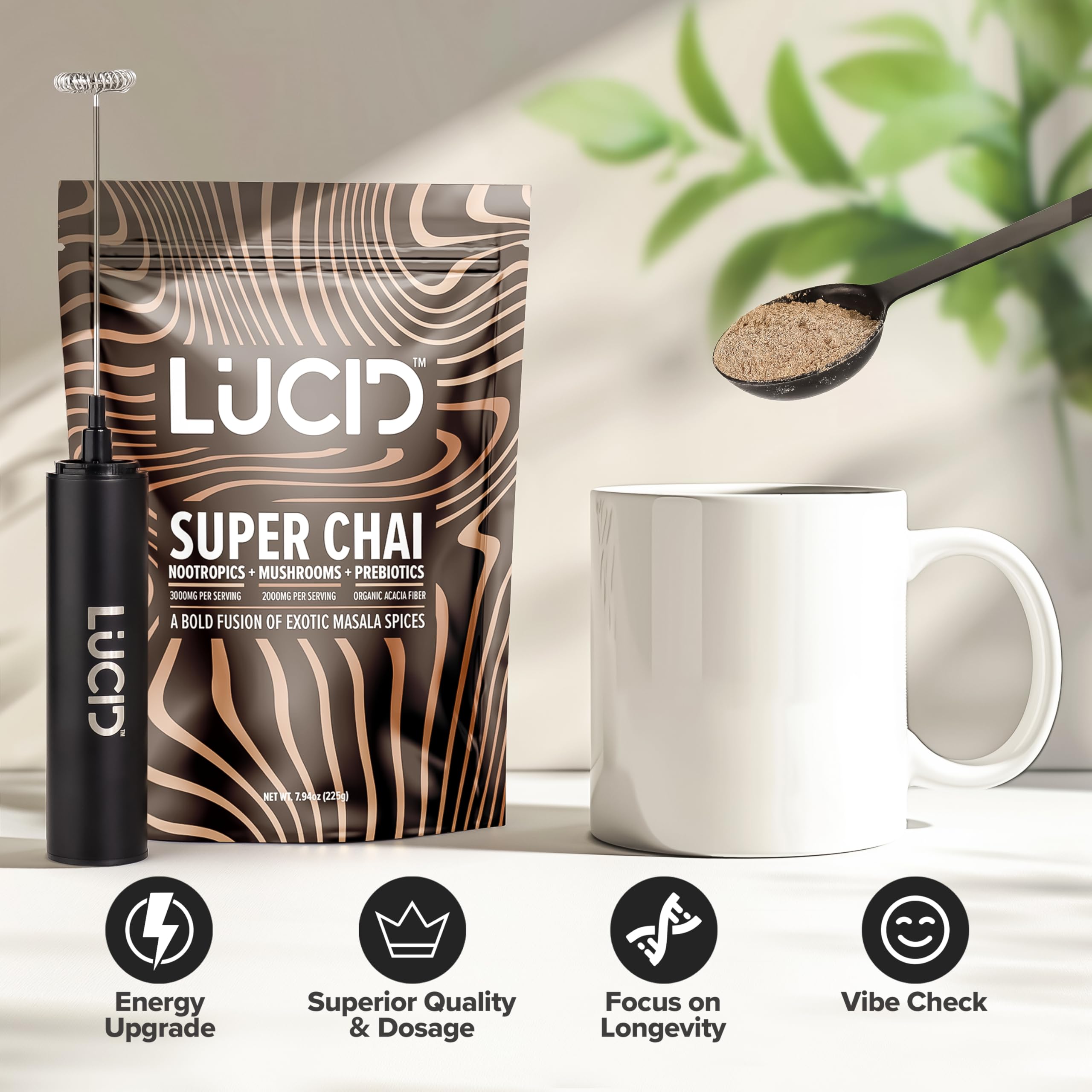 Lucid Superfood Organic Mushroom Chai with Nootropics – Lion’s Mane, Cordyceps & Tremella – Instant Focus Chai – USA Made